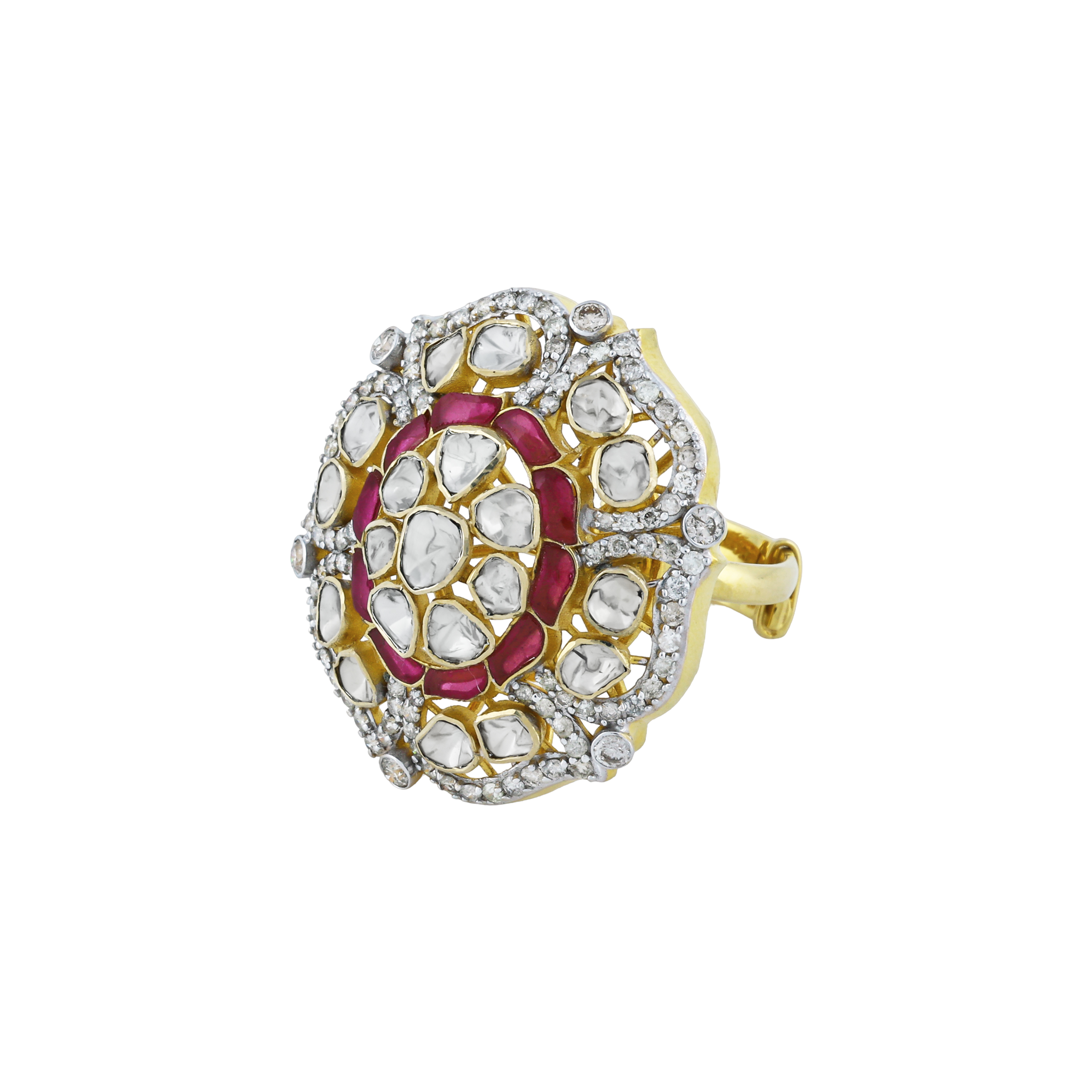 Floral Polki Ring with Red Talaf and Diamond Halo