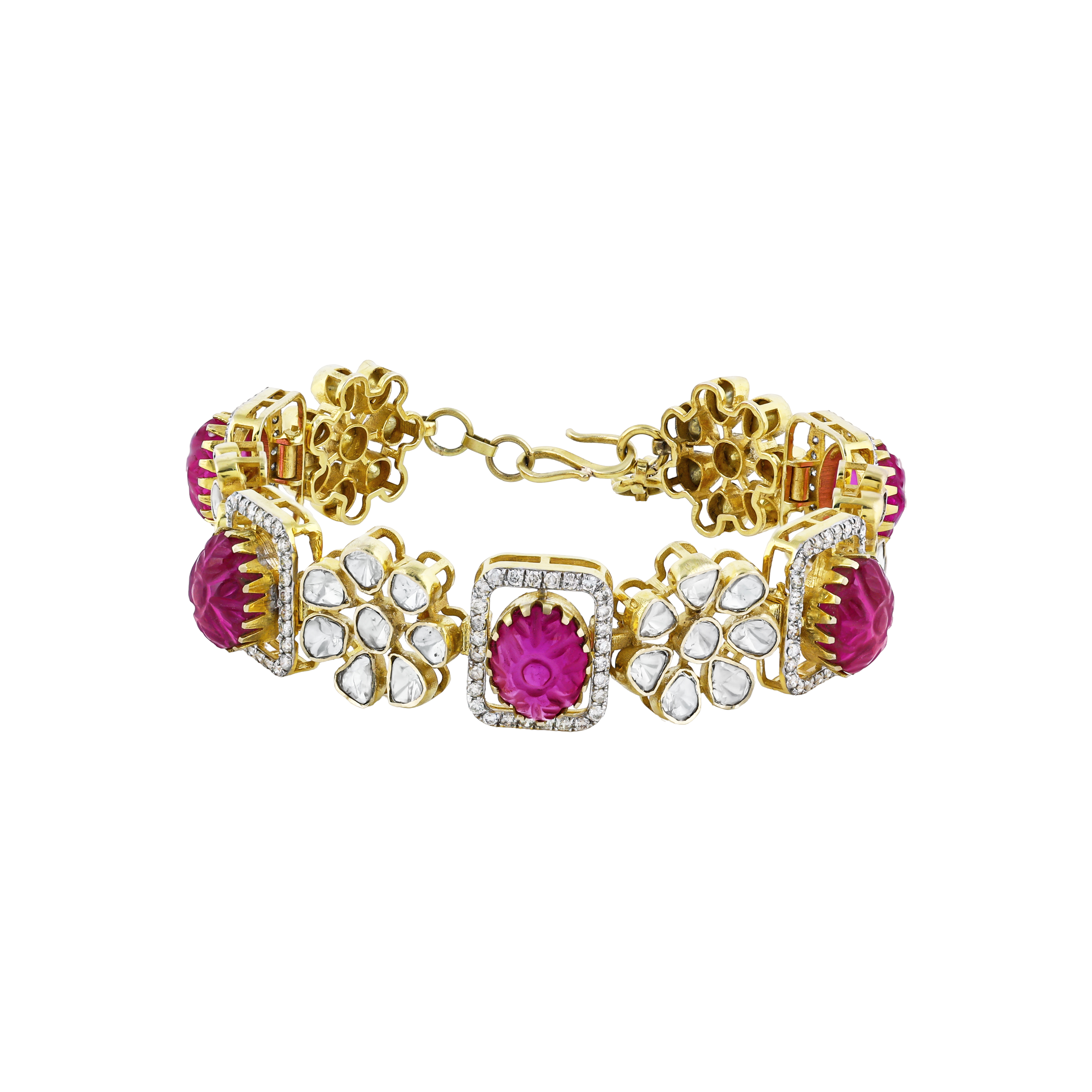 Red Colourstone Polki Bracelet with Diamond Halo and Floral Motifs