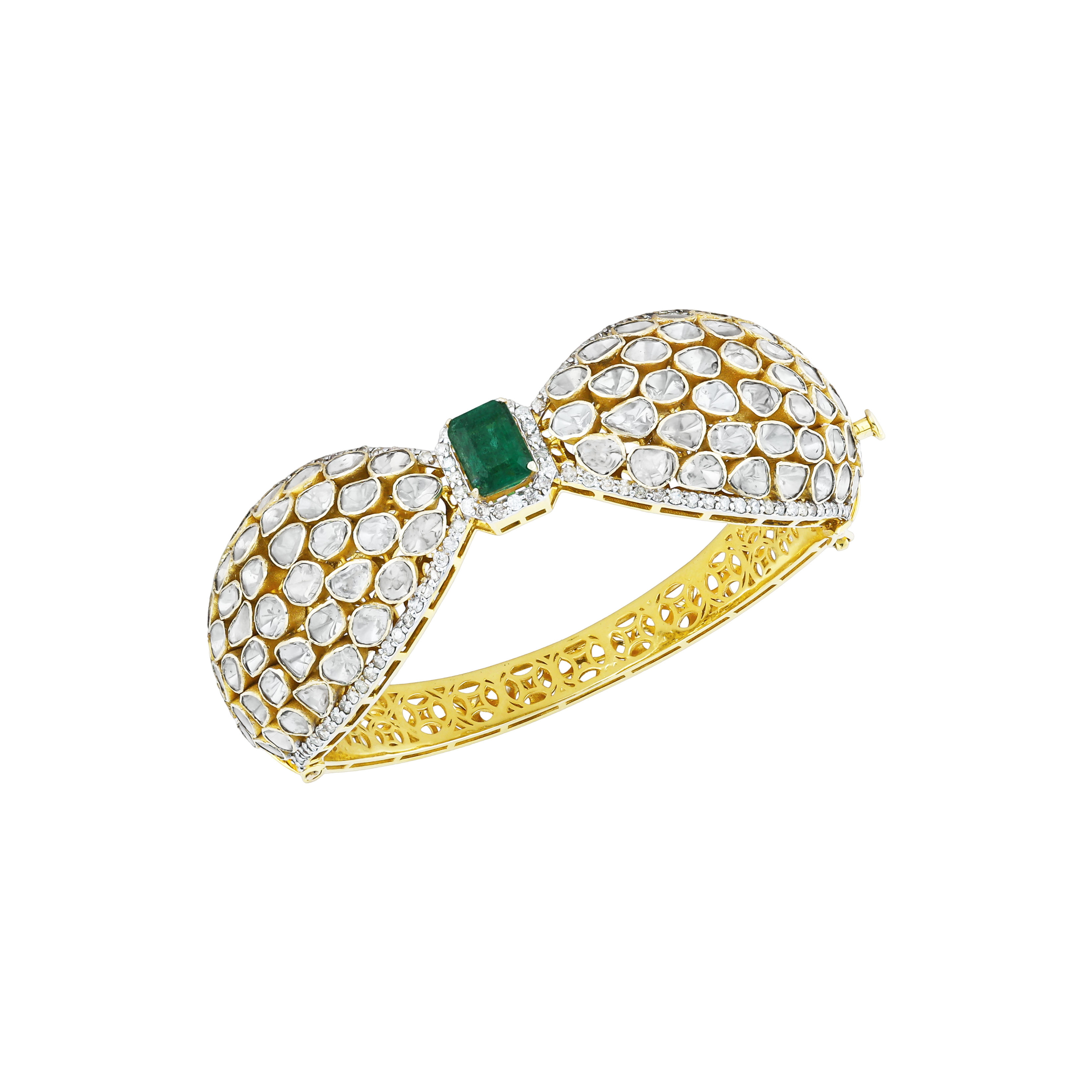 Bangle with Polki Bow Motif and Green Colourstone Centerstone