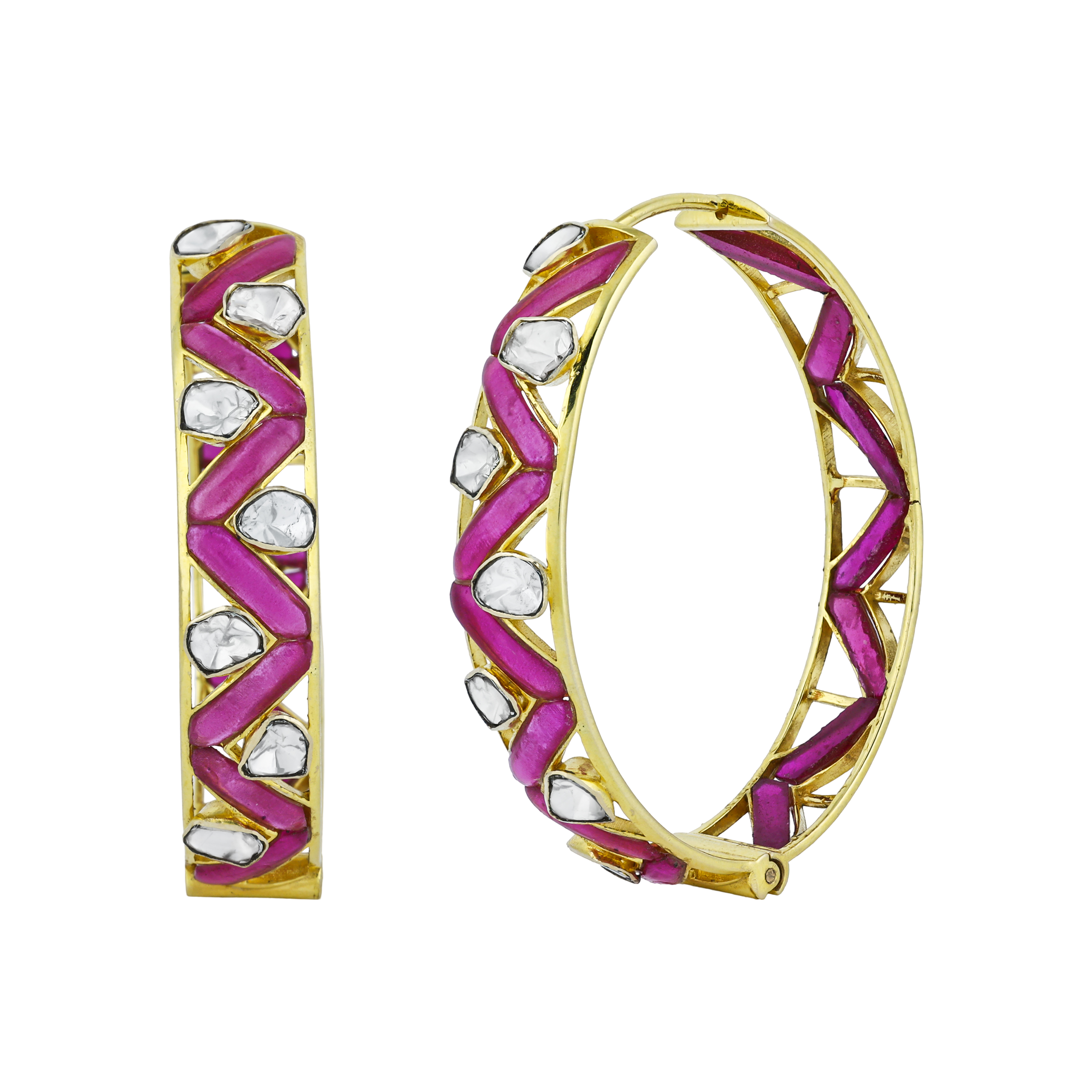 Zigzag Polki Hoop Earrings with Pink Talaf