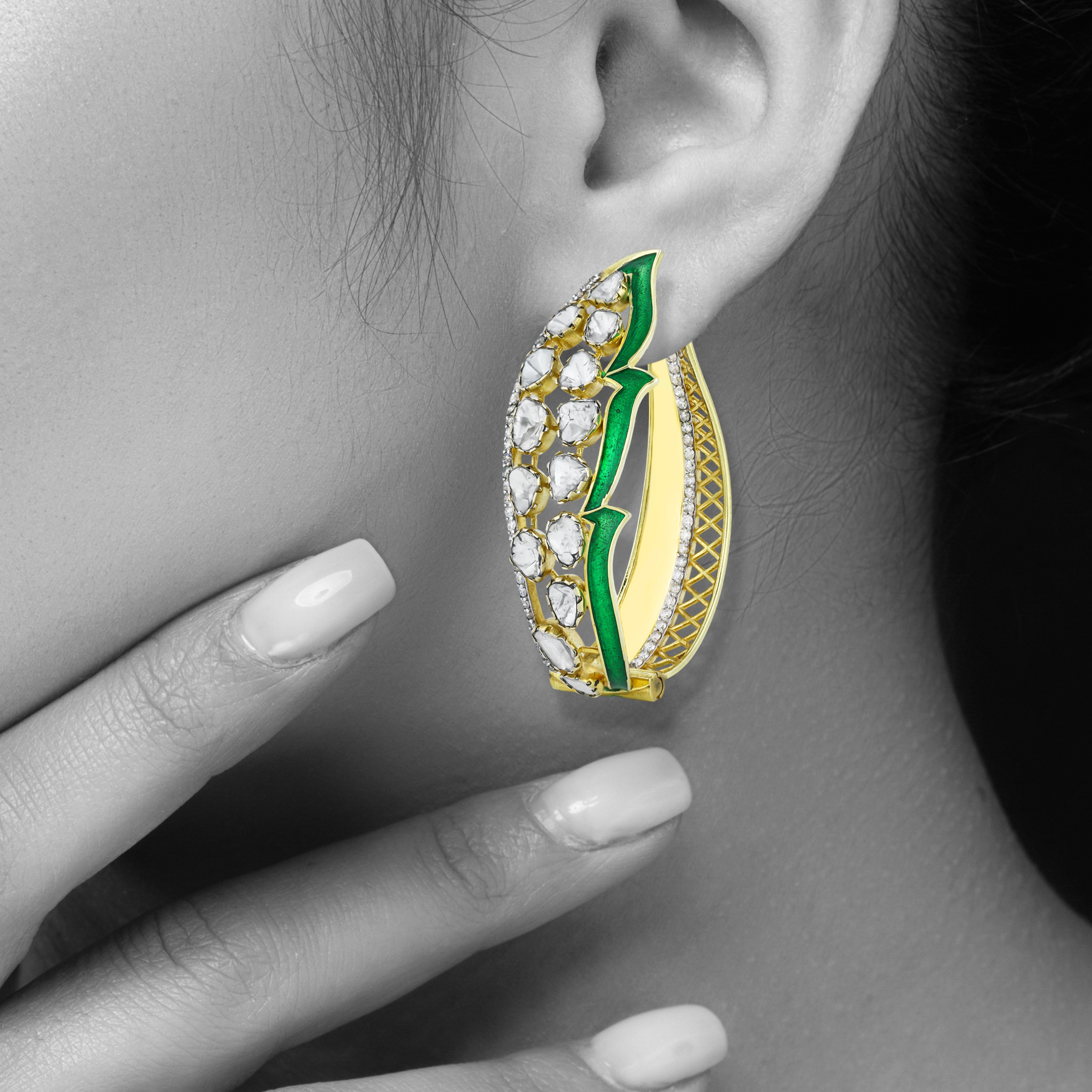 Leaf-Inspired Polki Earrings with Green Enamel