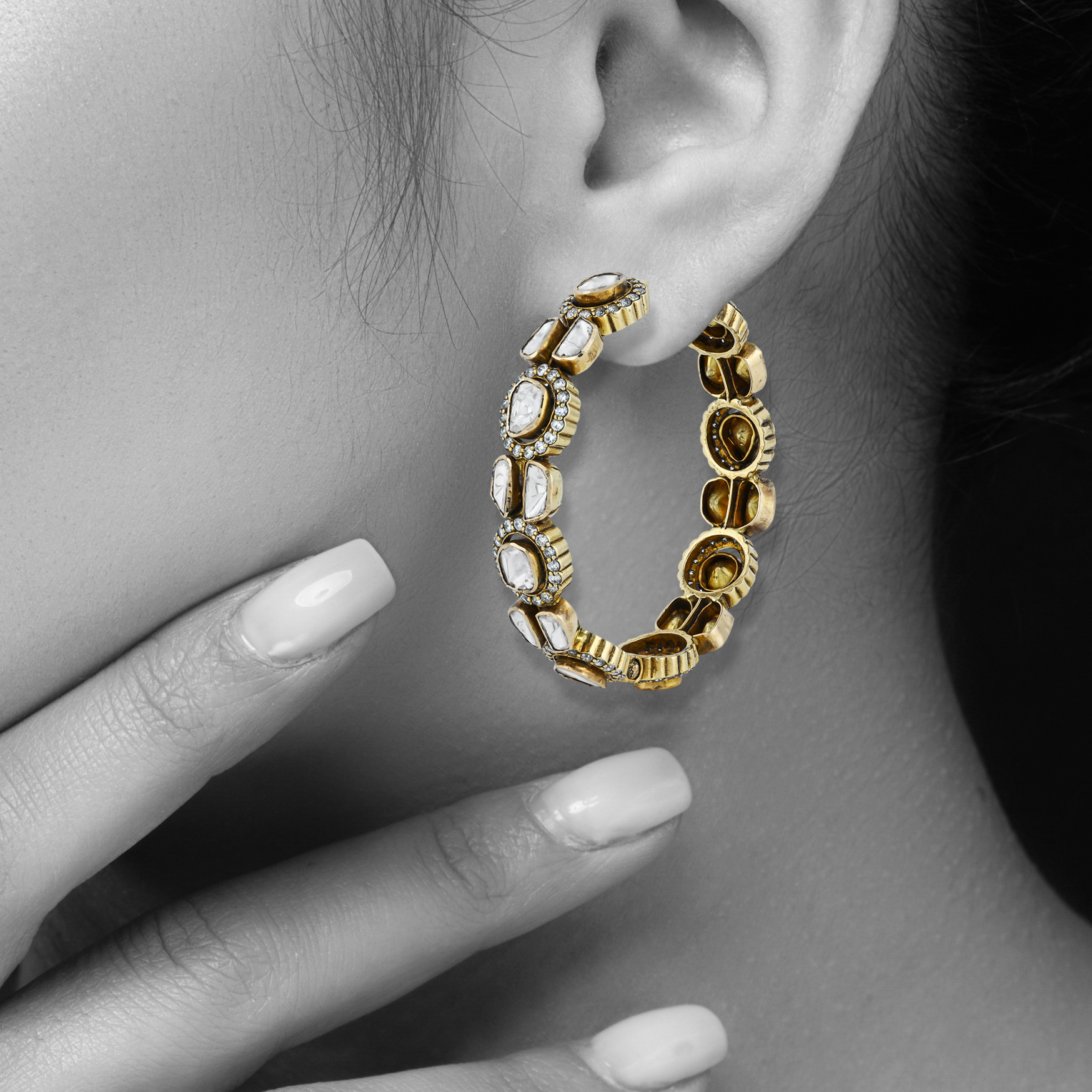 Antique Finish Polki Hoop Earrings with Oval Motifs and Diamonds