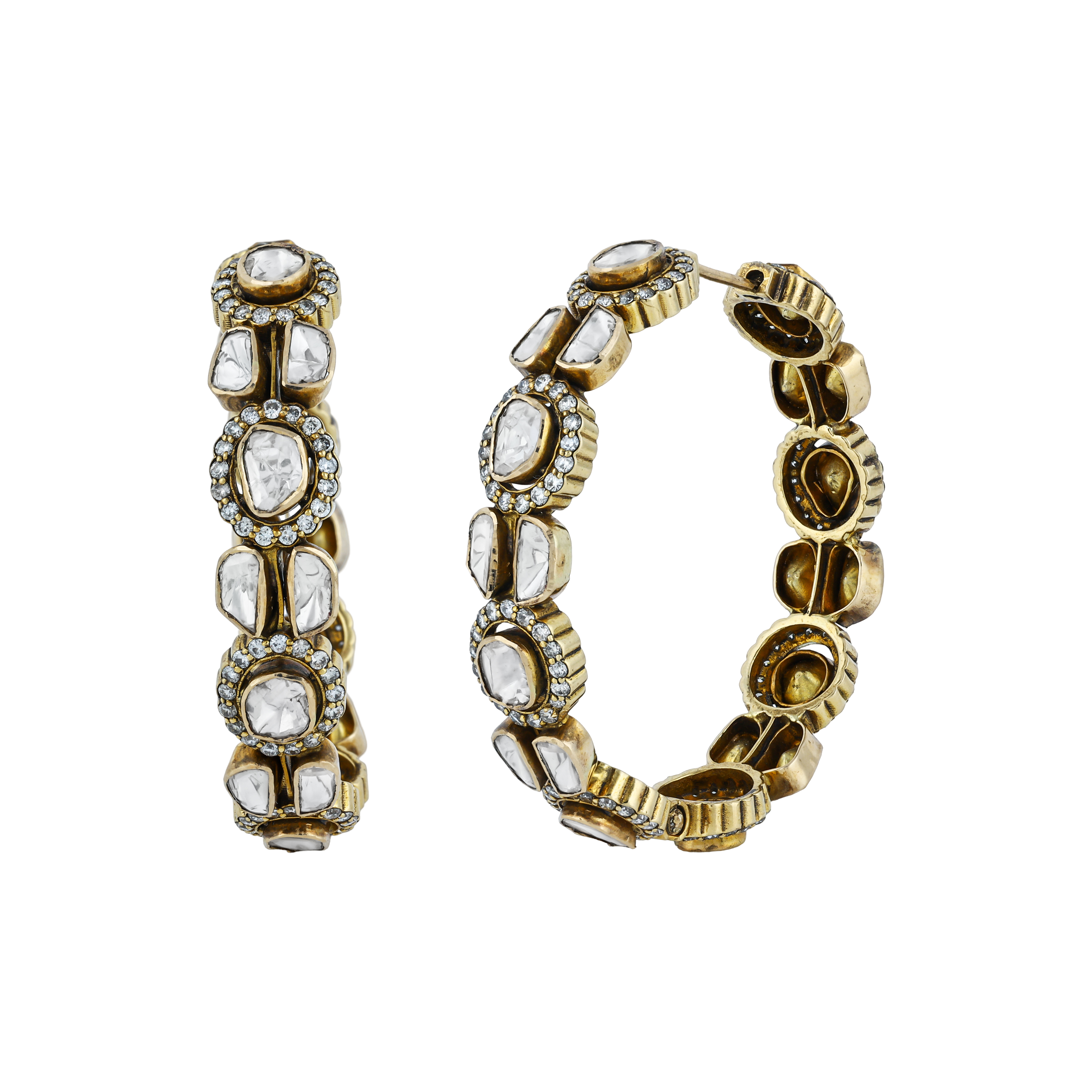 Antique Finish Polki Hoop Earrings with Oval Motifs and Diamonds