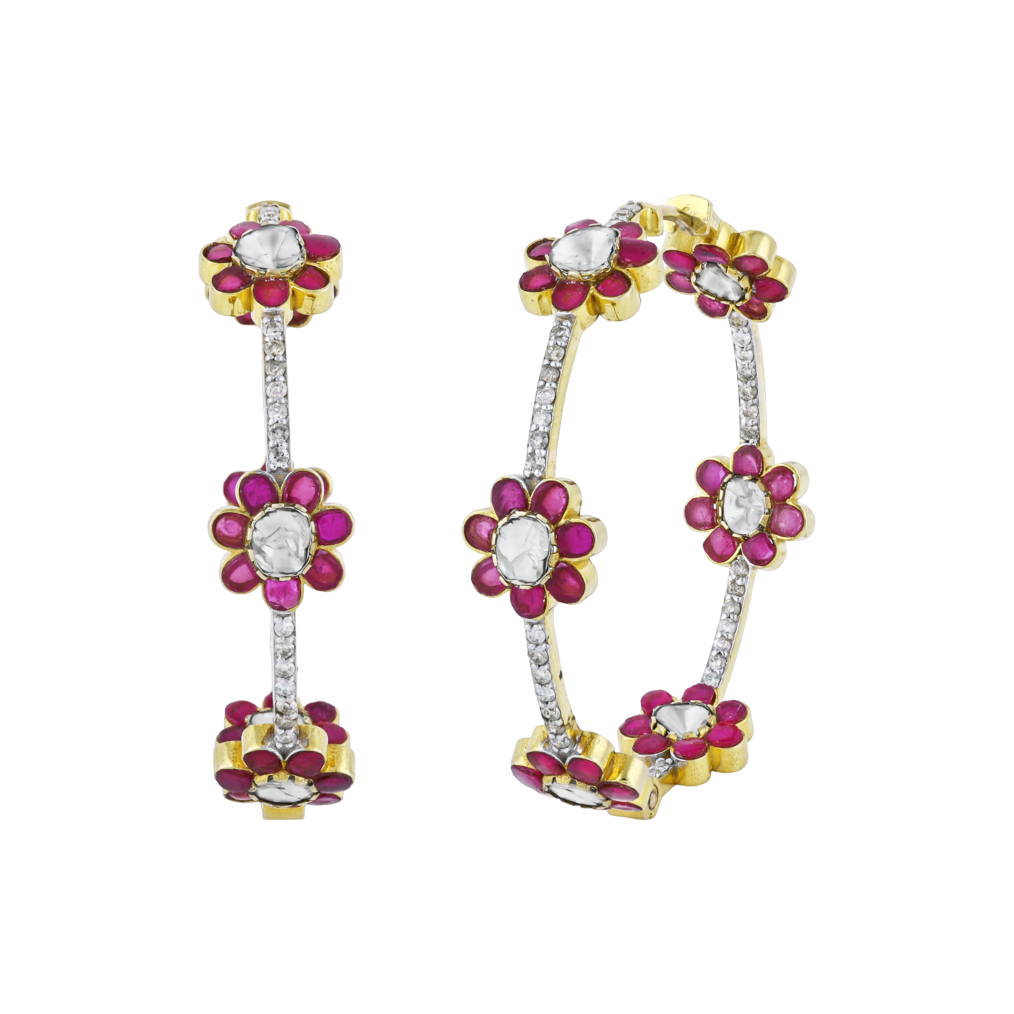 Red Talaf Floral Hoop Earrings with Polki and Diamonds