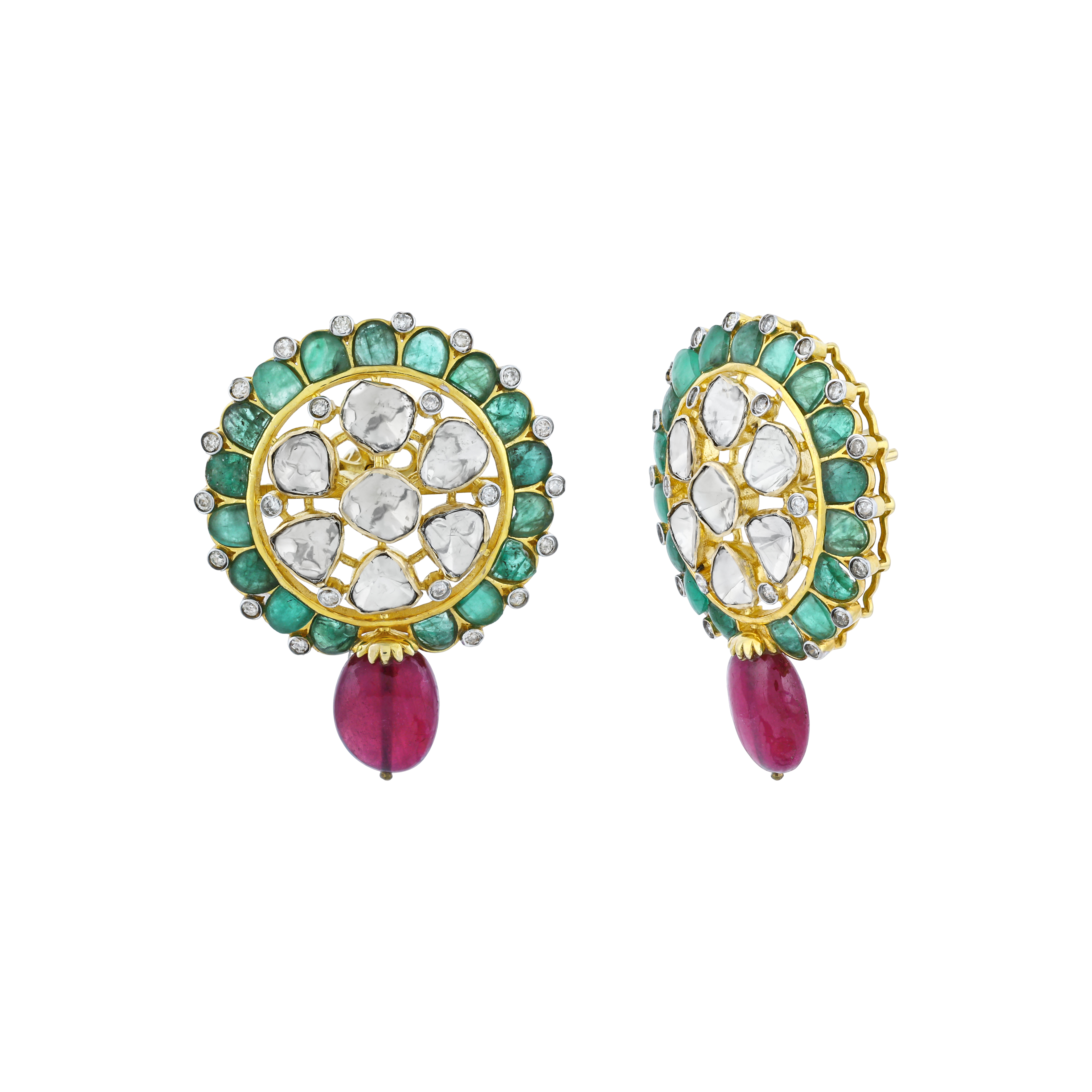 Round Polki Earrings with GreenTalaf and Red Colour bead