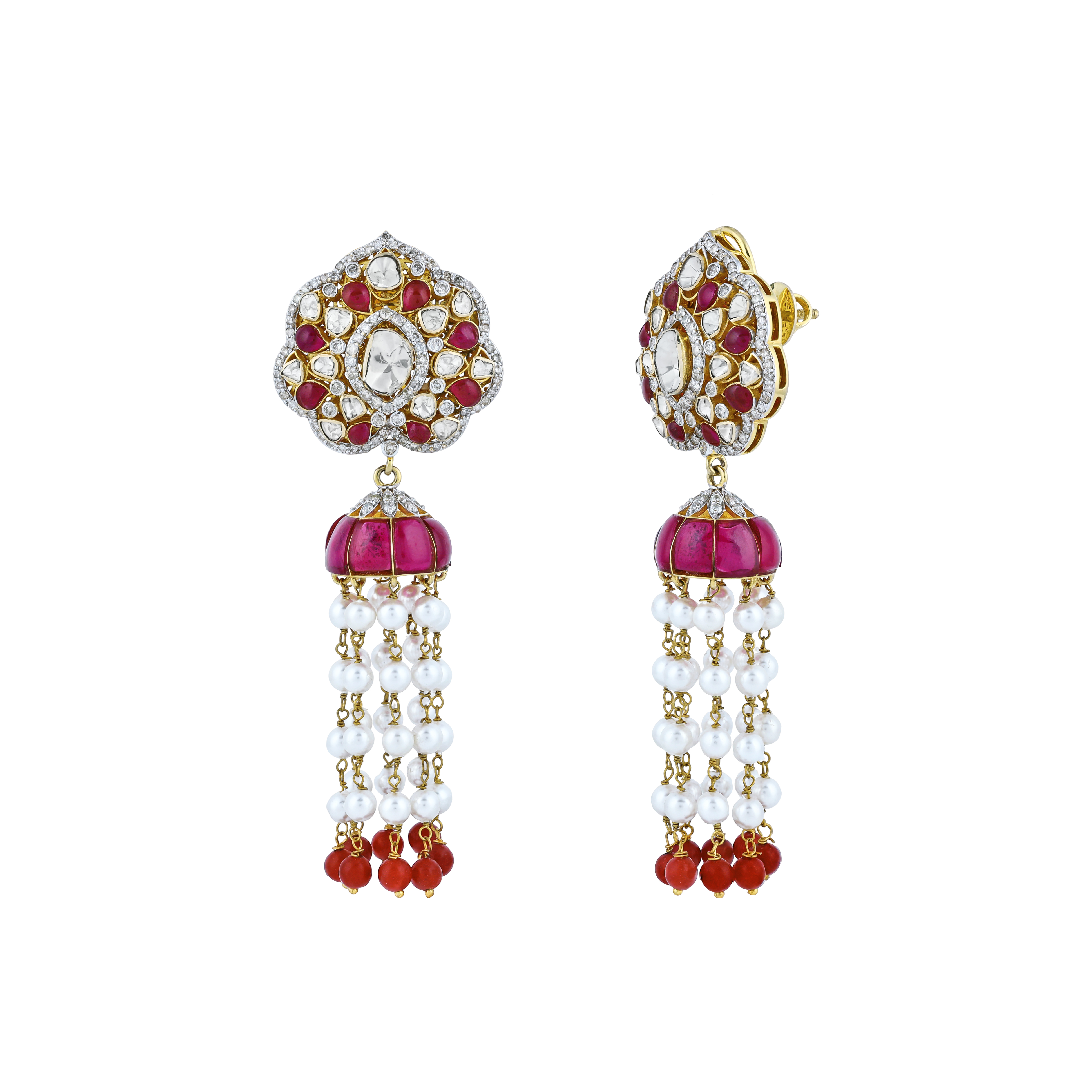 Floral Polki Earrings with Red Talaf, Pearls, and Red Beads