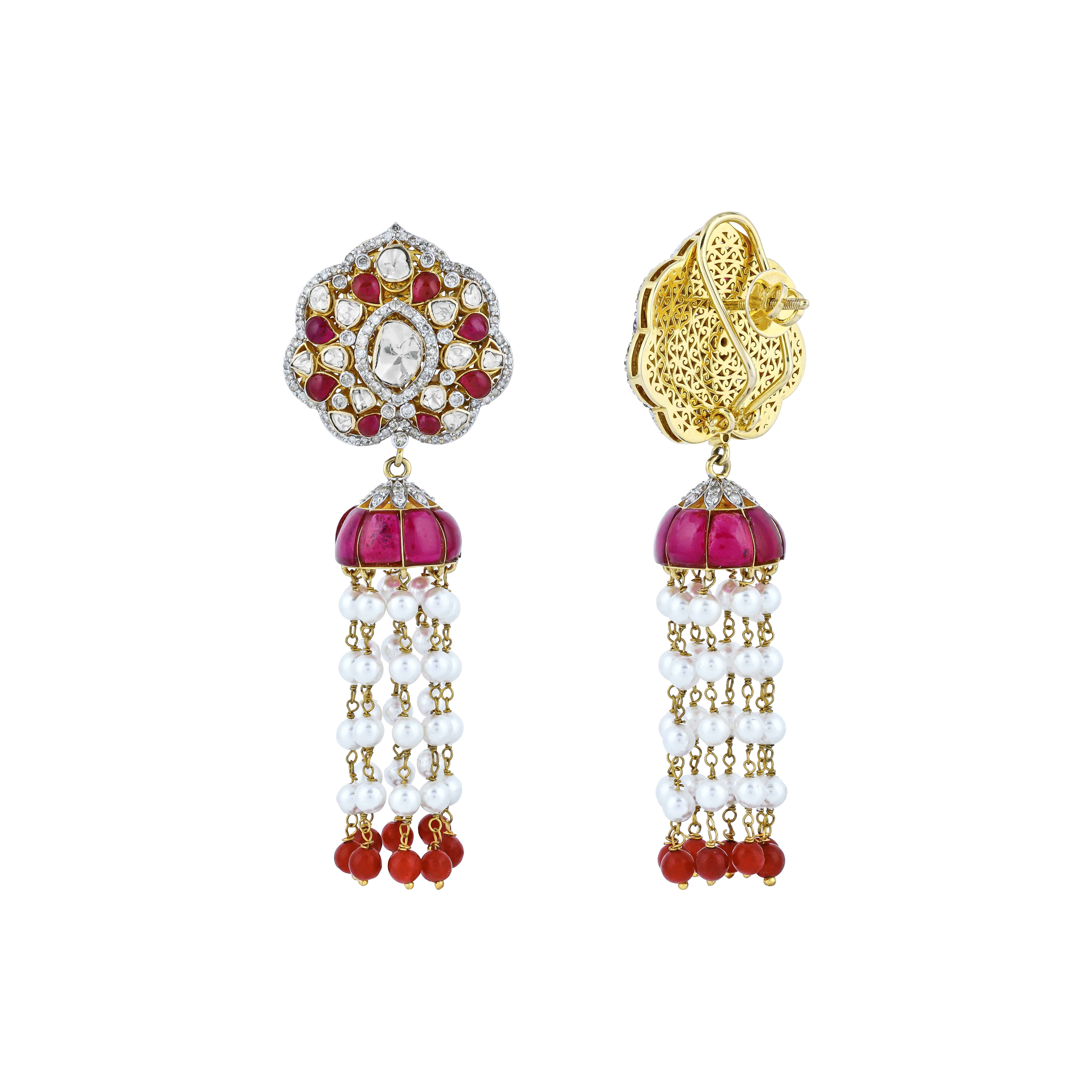 Floral Polki Earrings with Red Talaf, Pearls, and Red Beads