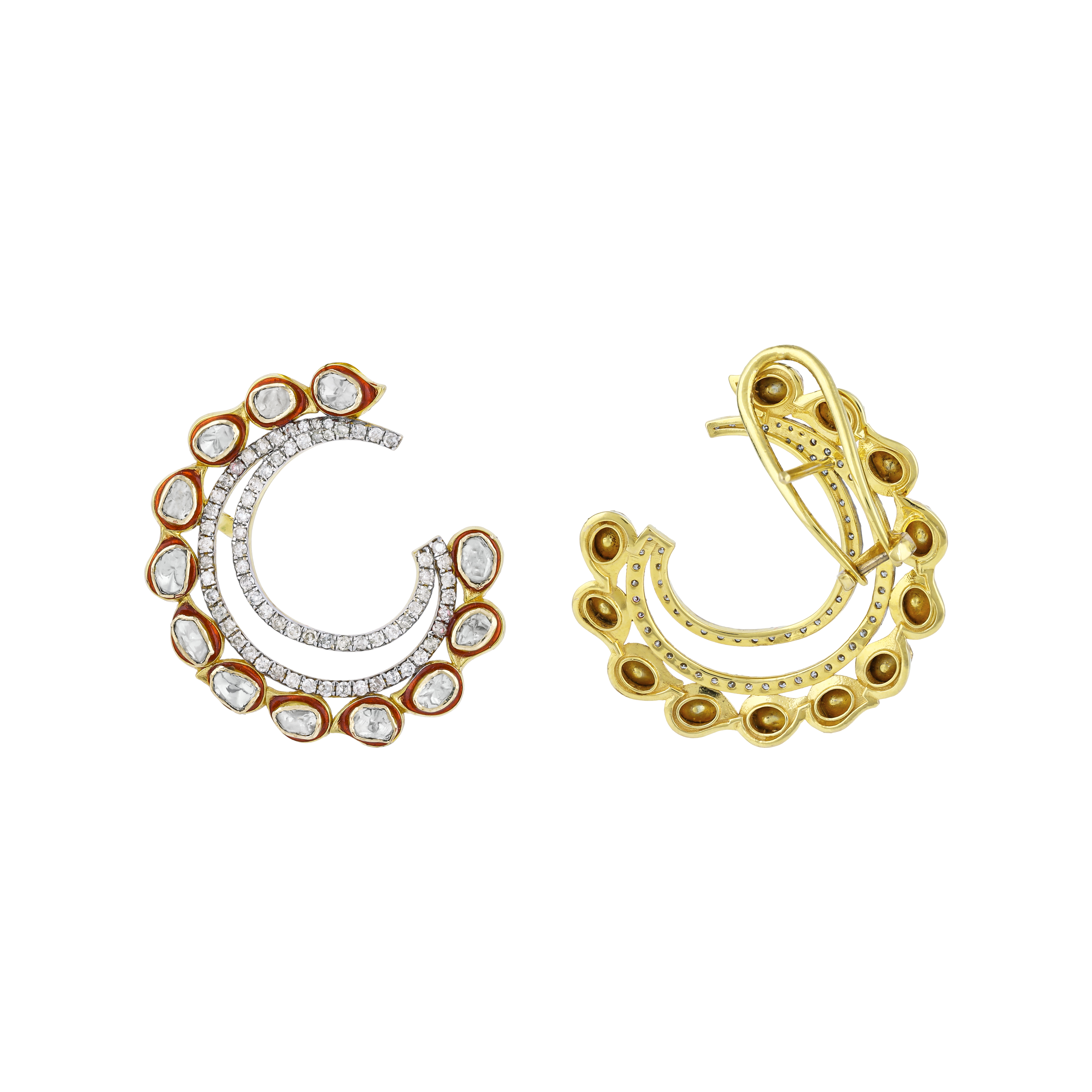 Polki Circular Earrings with Double Arcs and Sparkling Diamonds