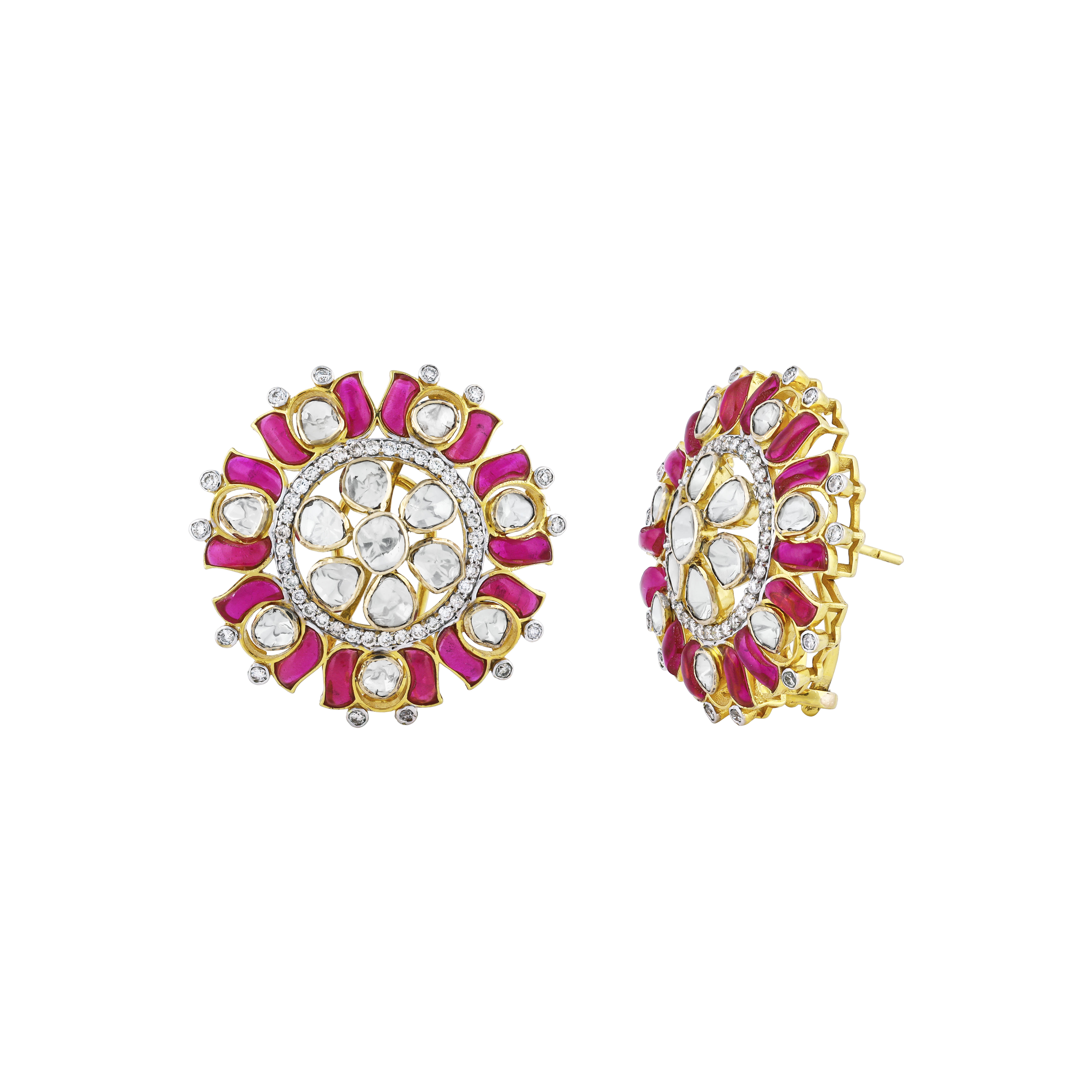 Lotus-Inspired Polki Earrings with Pink and Green Talaf