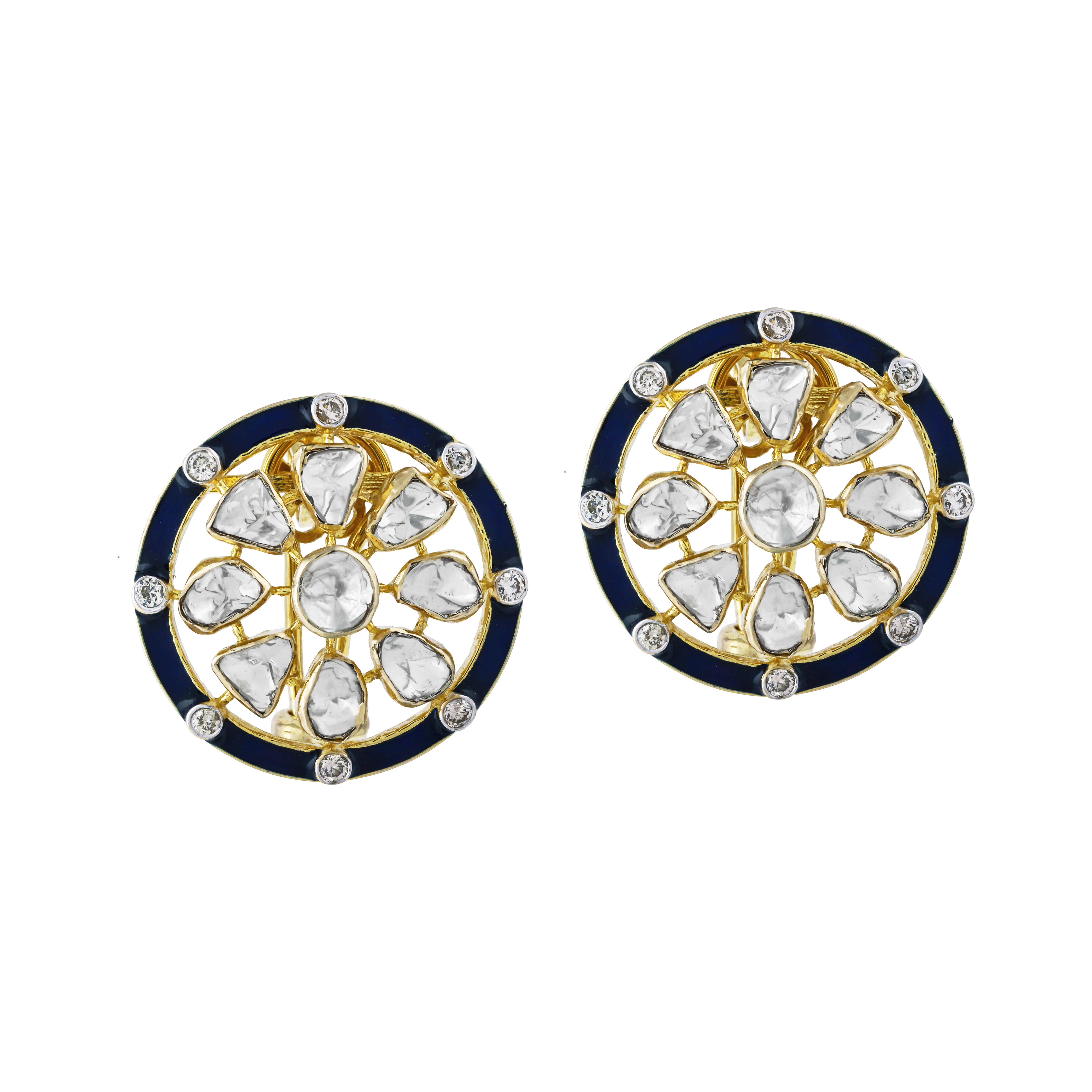 Round Polki Earrings with Blue Enamel and Diamonds