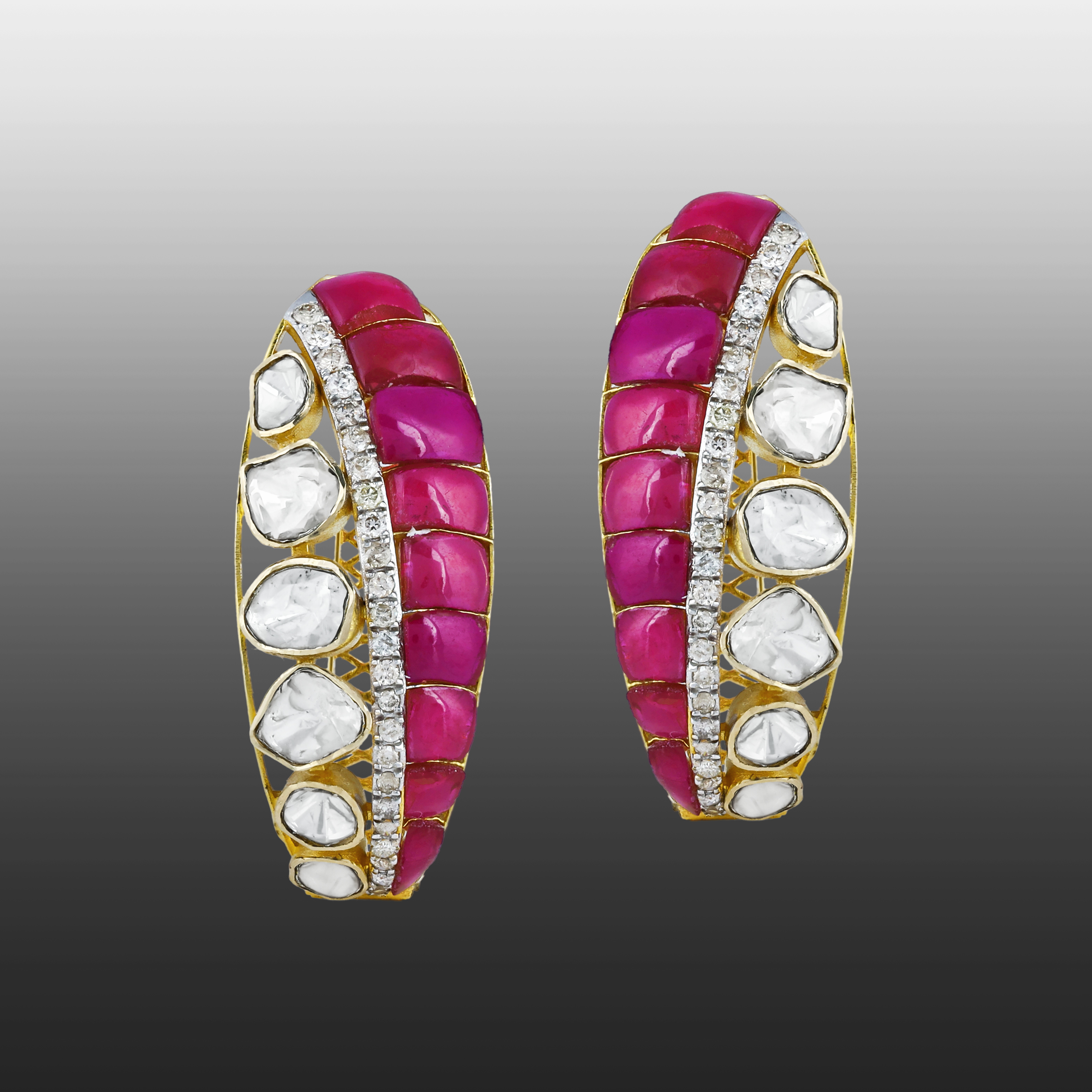 Hoop Earrings with Polki, Red Talaf, and Diamonds