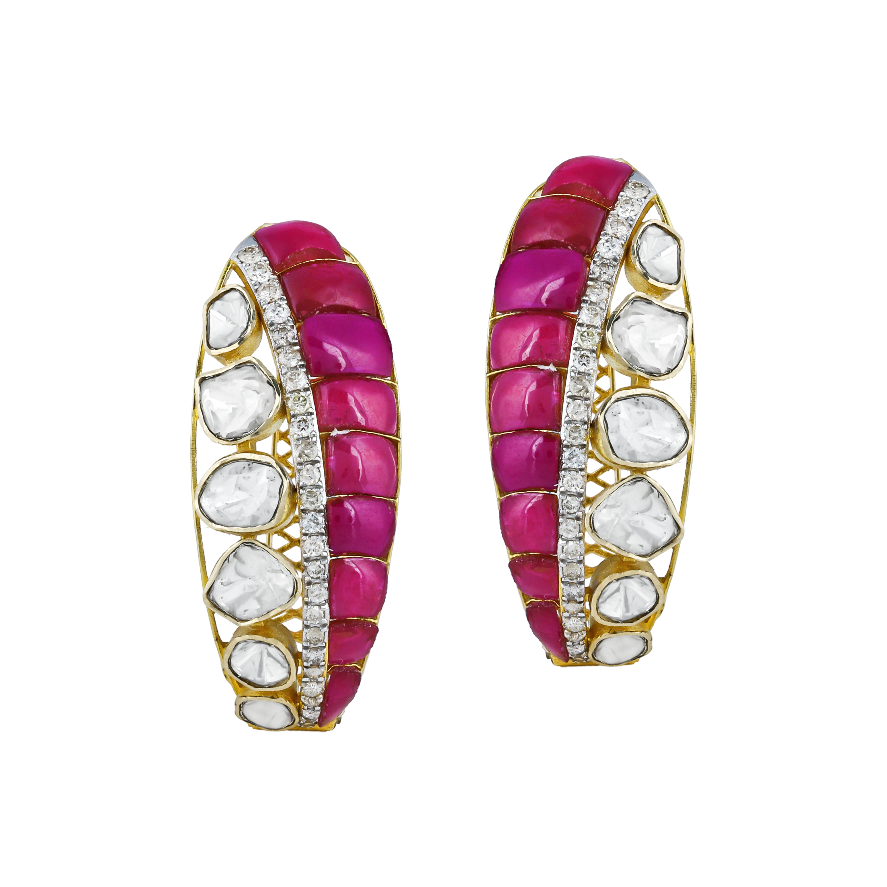 Hoop Earrings with Polki, Red Talaf, and Diamonds