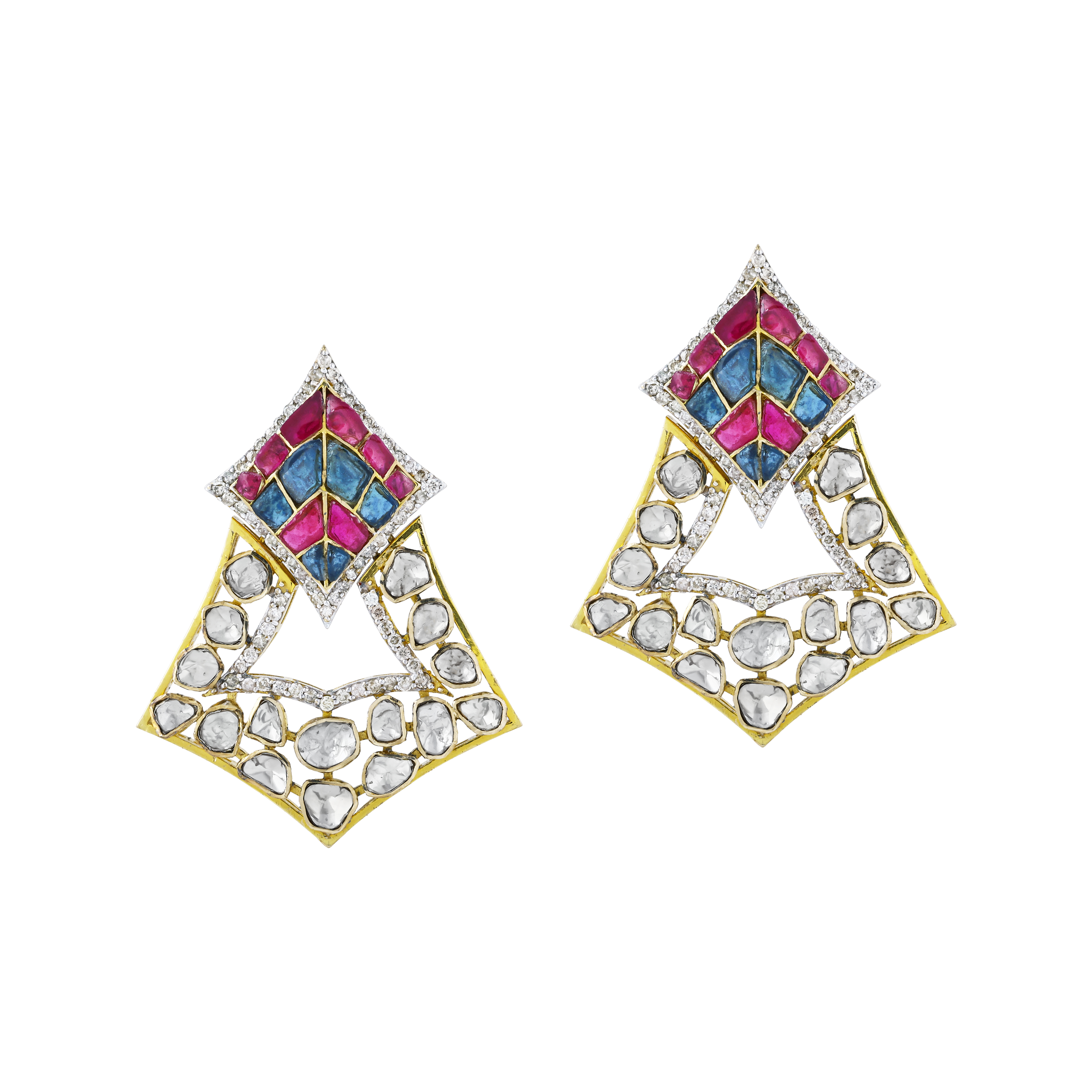 Geometric Polki Earrings with Pink and Blue Talafs