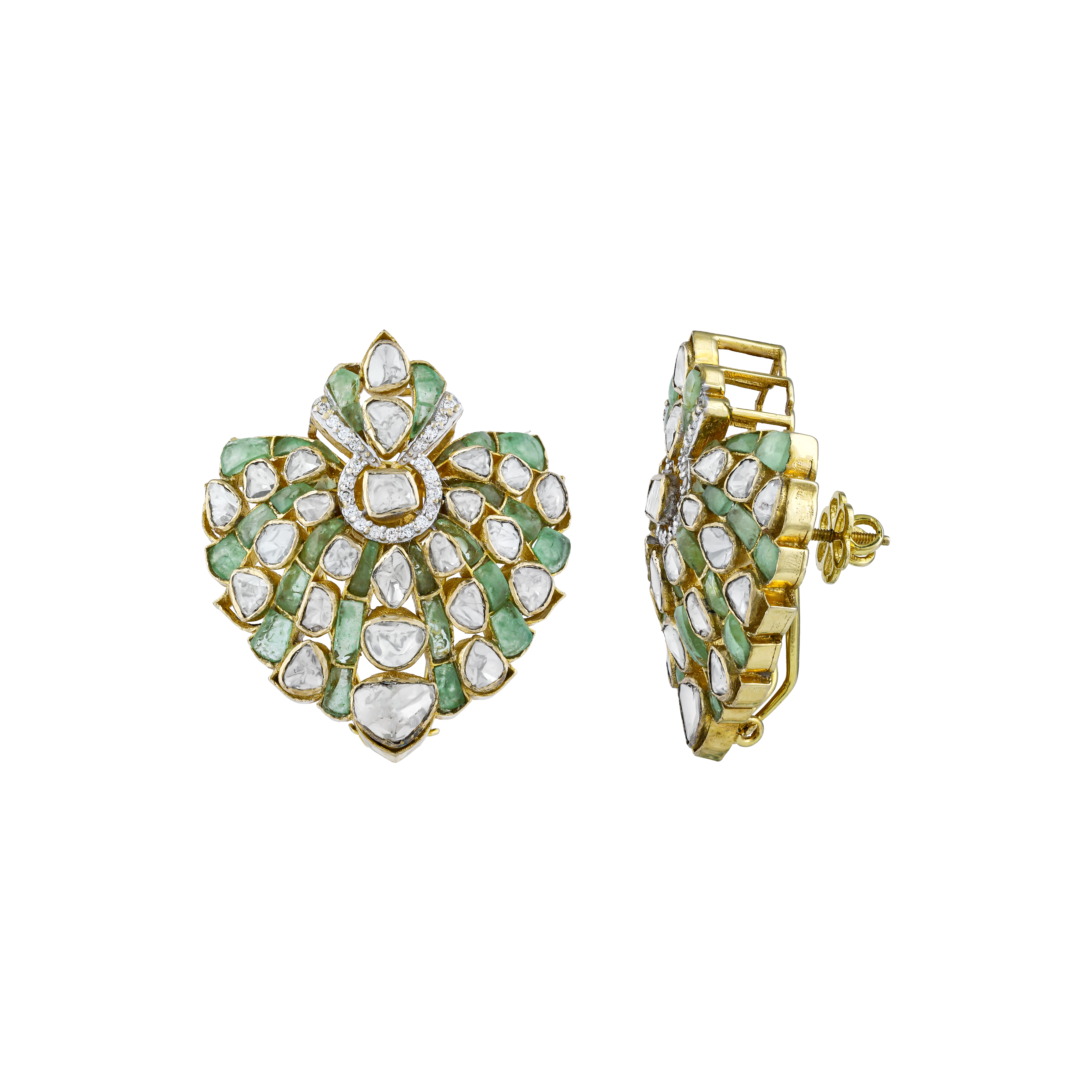 Polki Earrings with Green Gemstone Talaf and Fan Design