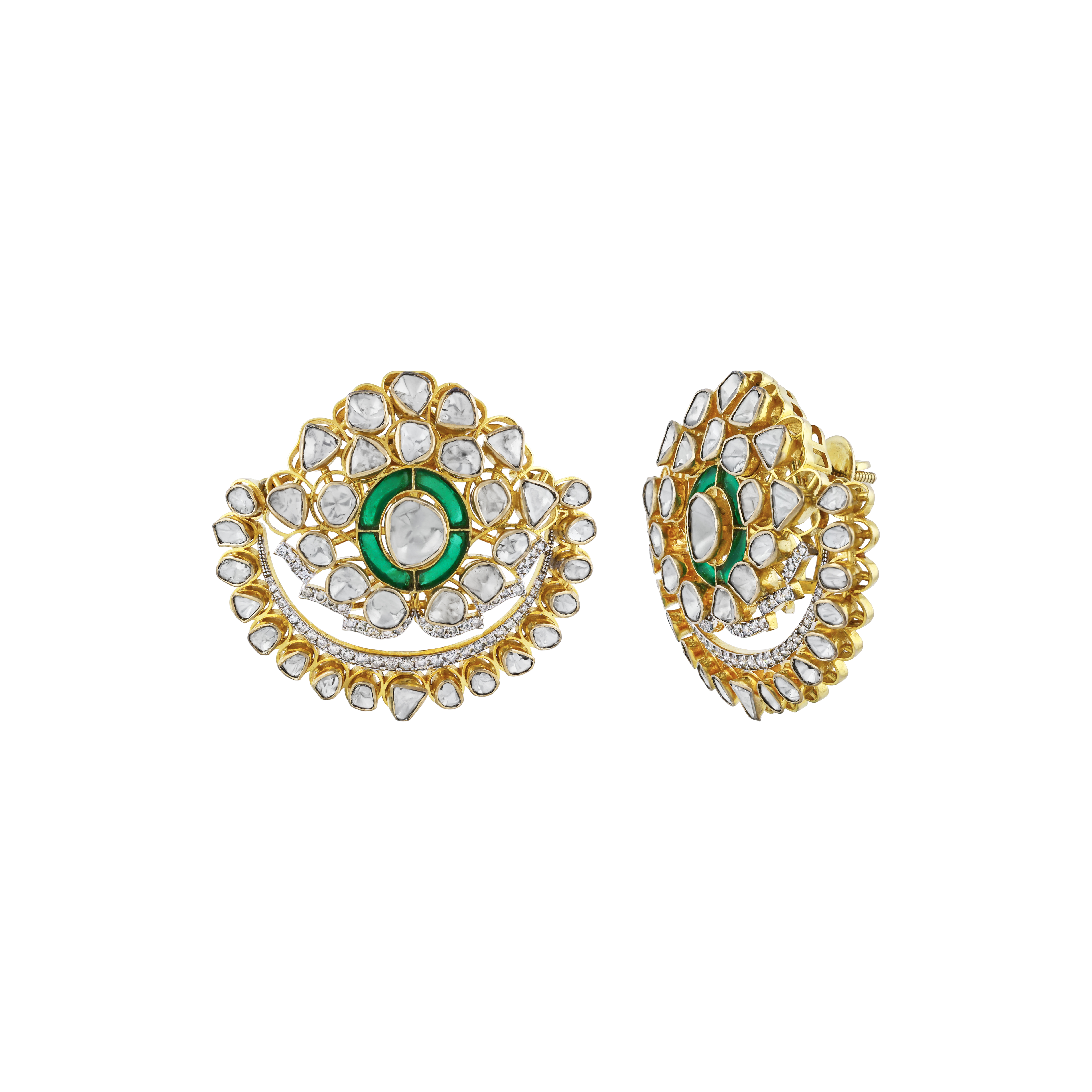 Polki Floral Earrings with Green Talaf Center and Diamonds
