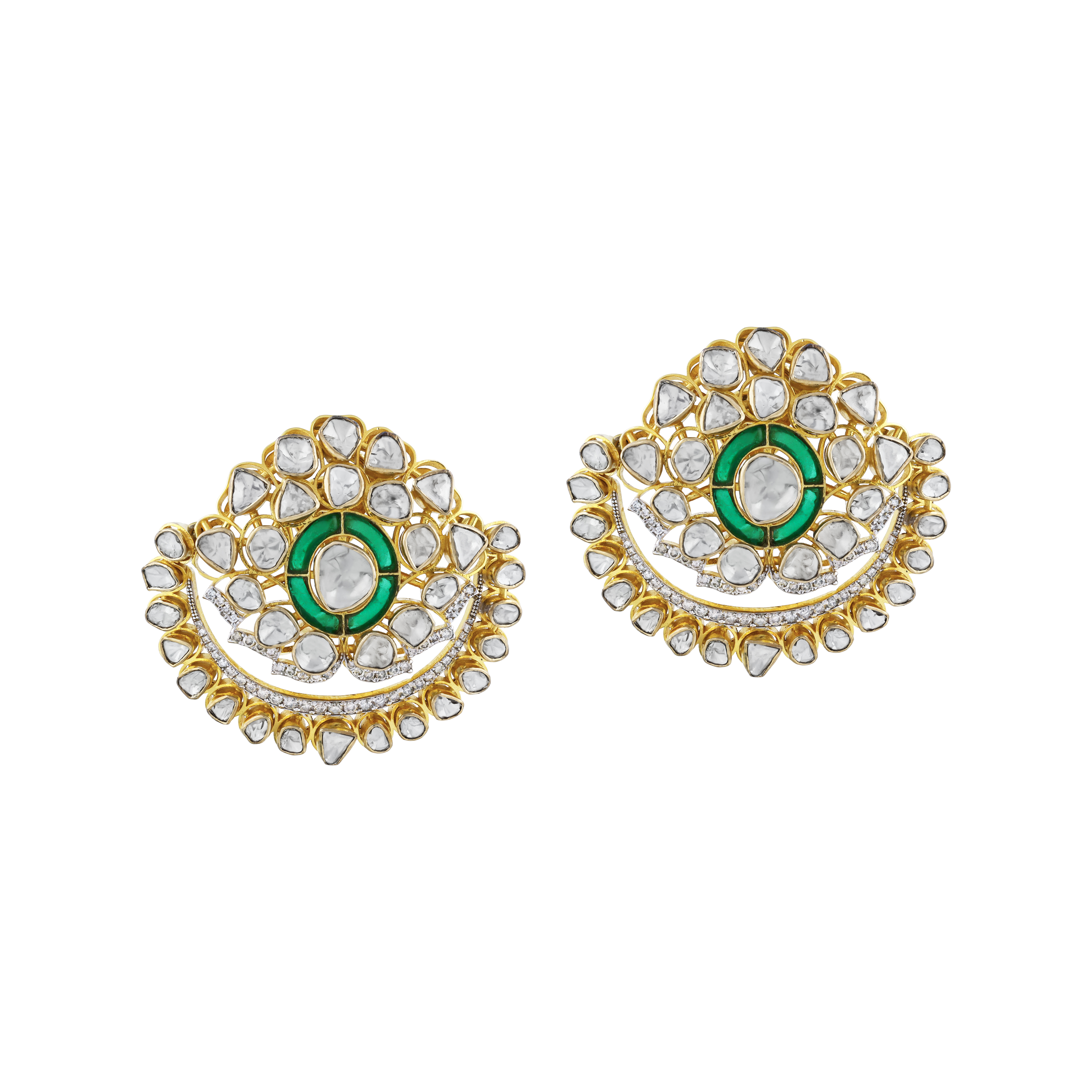 Polki Floral Earrings with Green Talaf Center and Diamonds