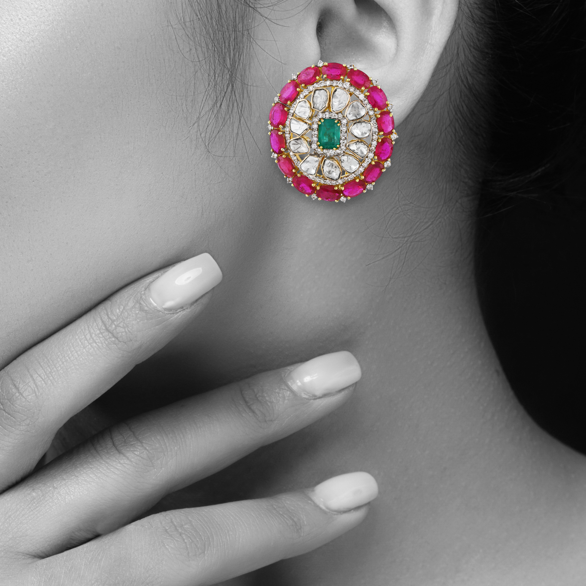 Round Earrings with Green and Red Colour Stone and Polki Diamonds