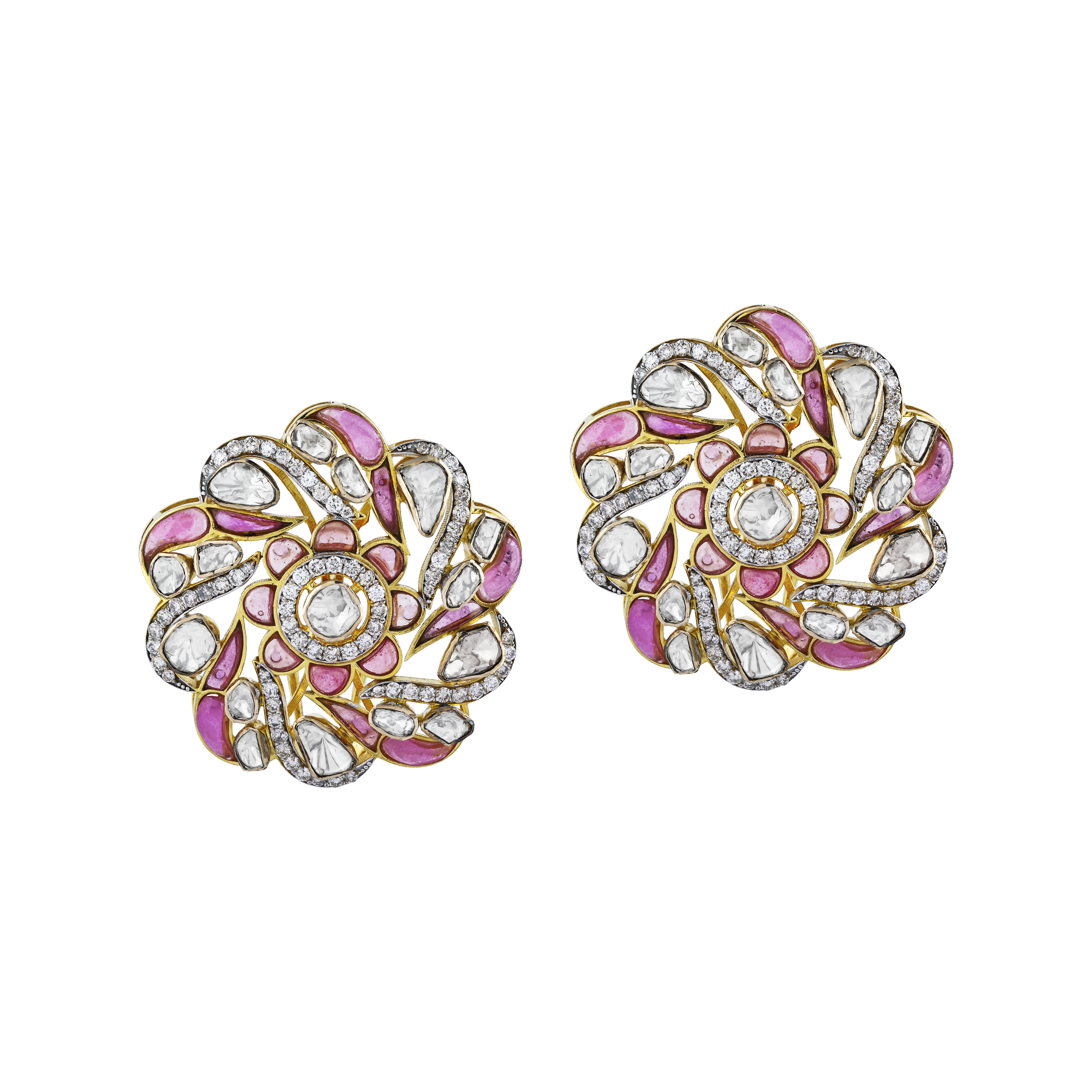 Floral Polki Earrings with Pink Talaf and Swirl Design