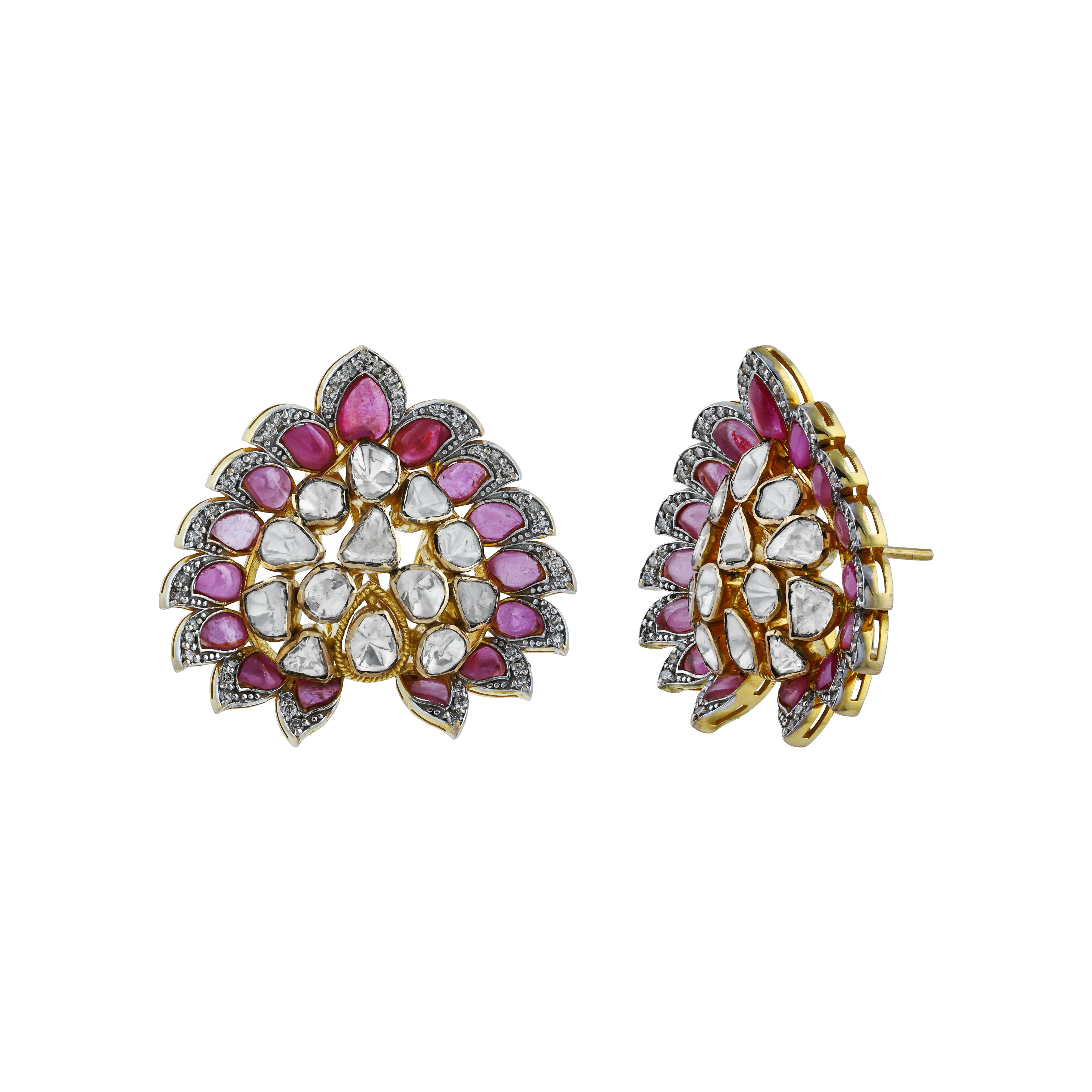 Polki Earrings with Pink Stone Petals and Diamond Accents