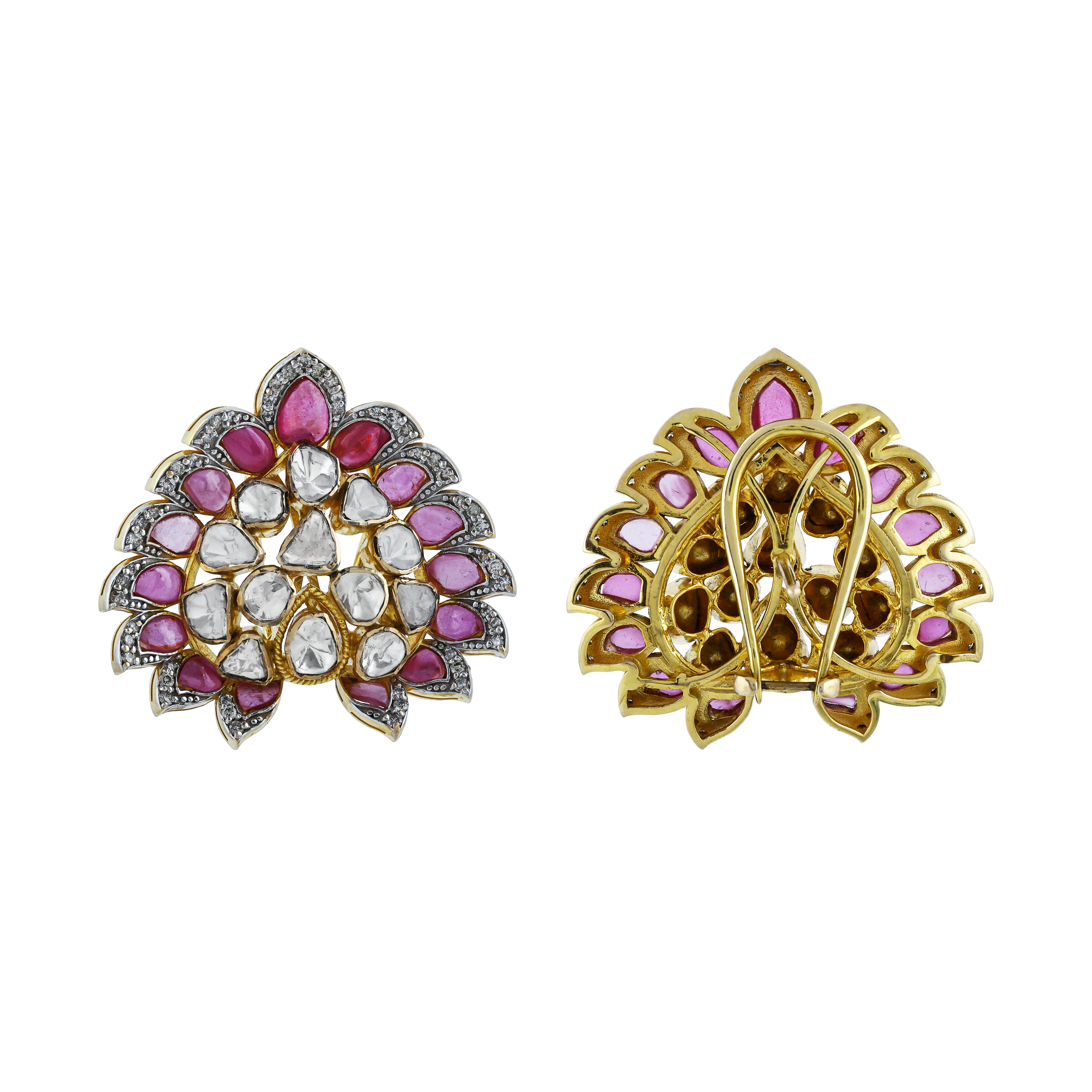 Polki Earrings with Pink Stone Petals and Diamond Accents