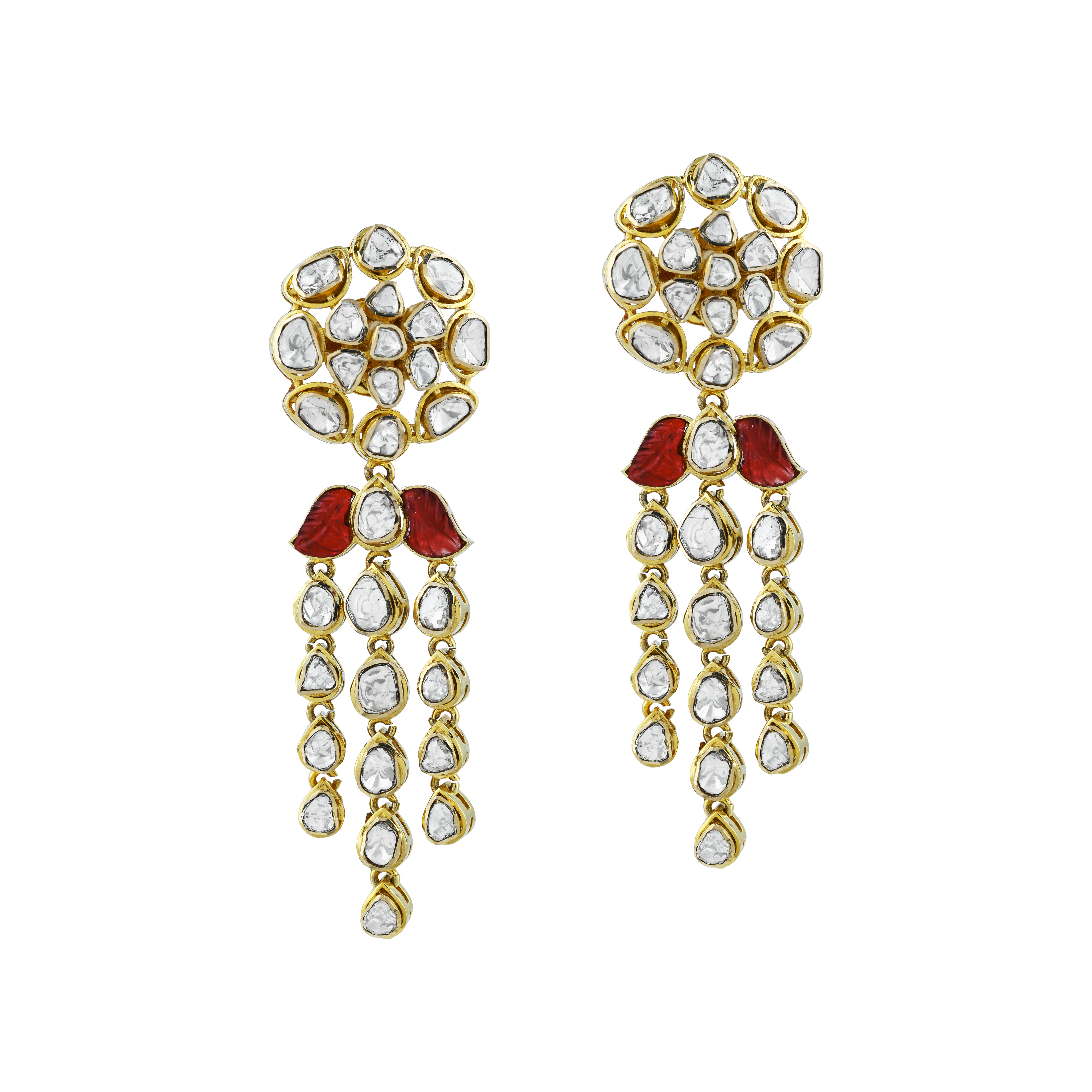 Triple-Drop Earrings with Uncut Diamonds and Red Talaf