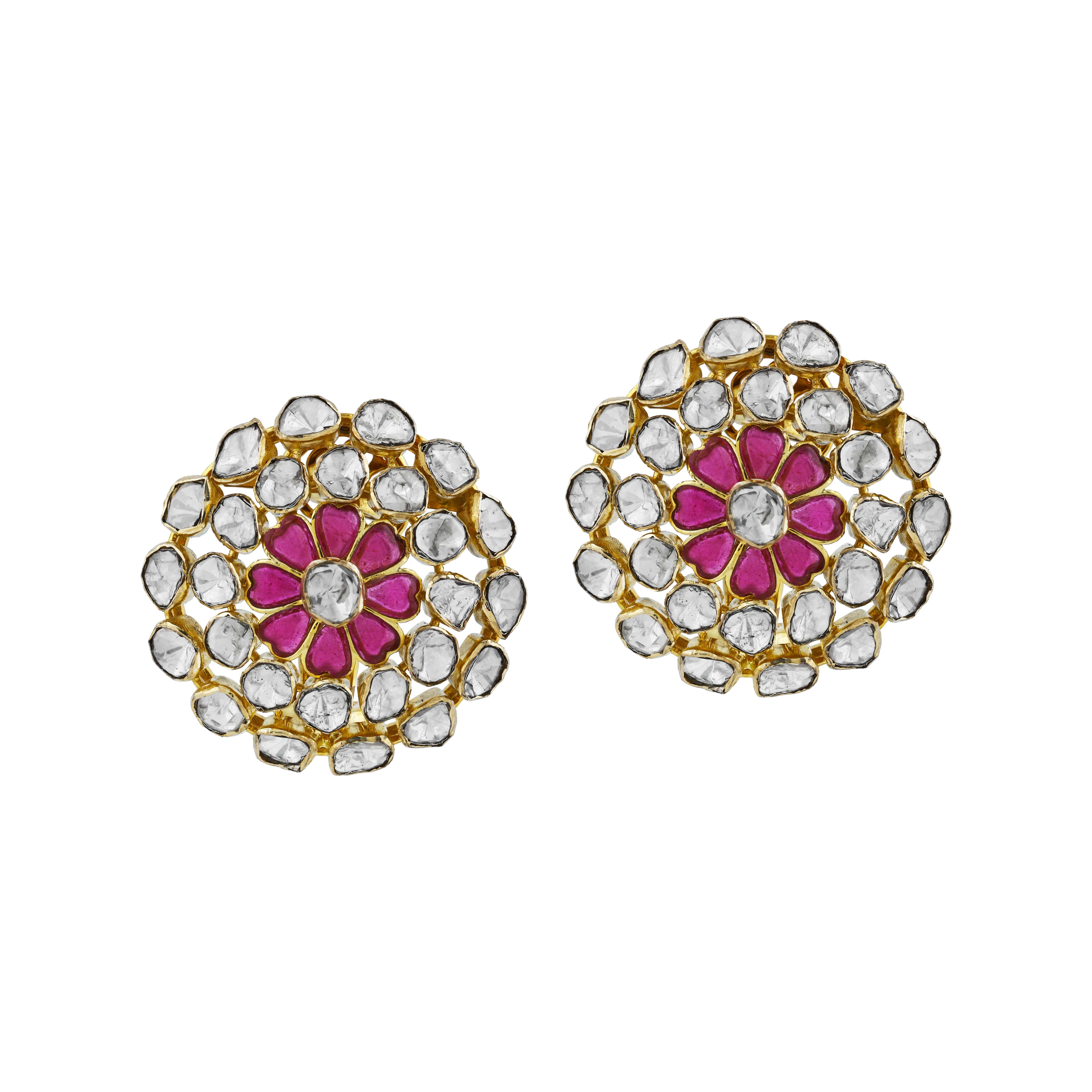 Floral Pink Stone Earrings with Uncut Diamonds in a Circular Frame