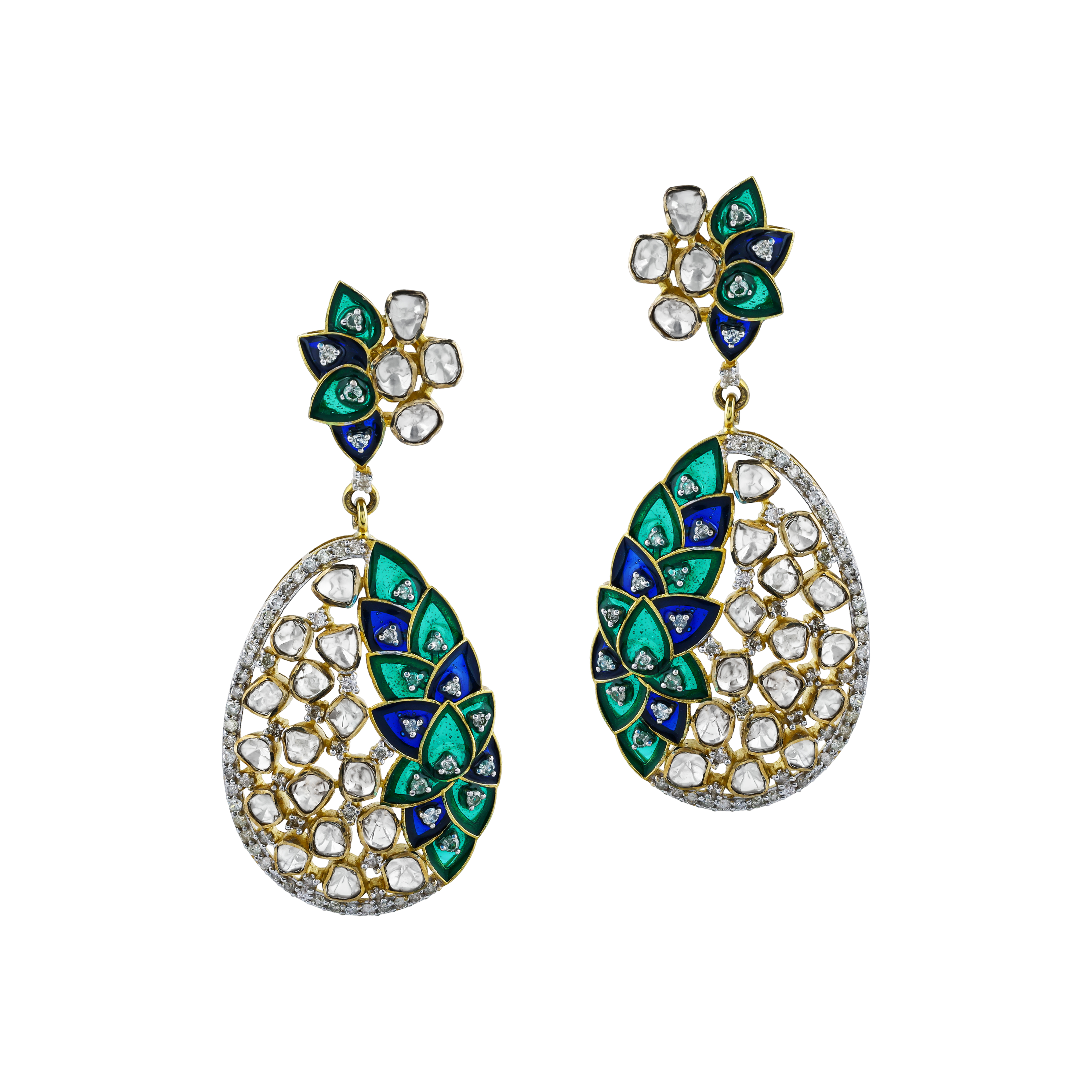 Earrings with Uncut Diamonds and Blue-Green Enamel