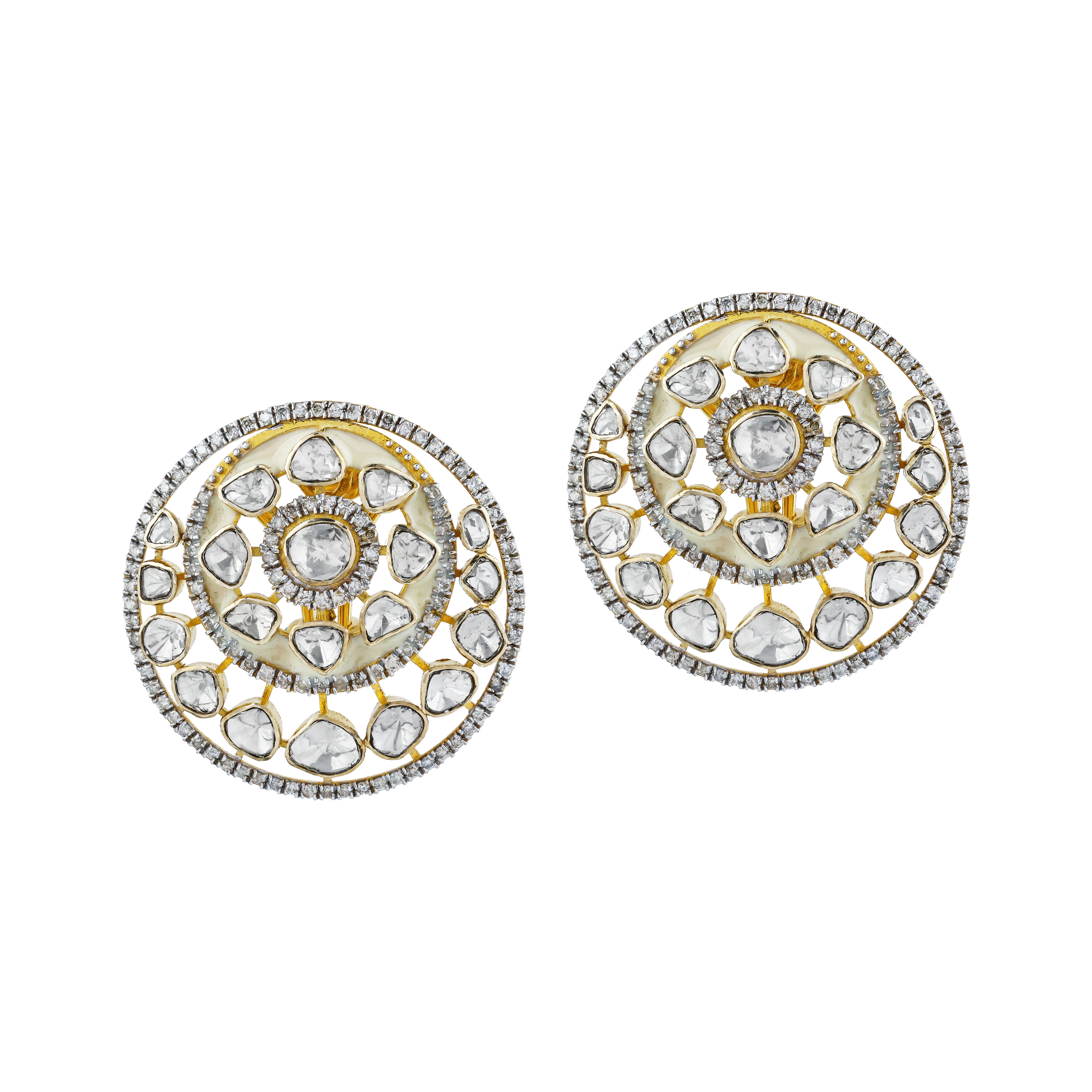 Round Polki Earrings with Cream Enamel and Full-Cut Diamond Border