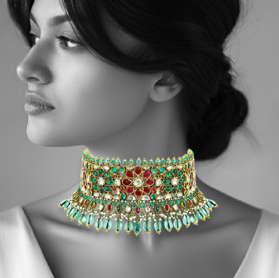 Green and Red Talaf Choker Set with Uncut Diamonds and Jhumkas