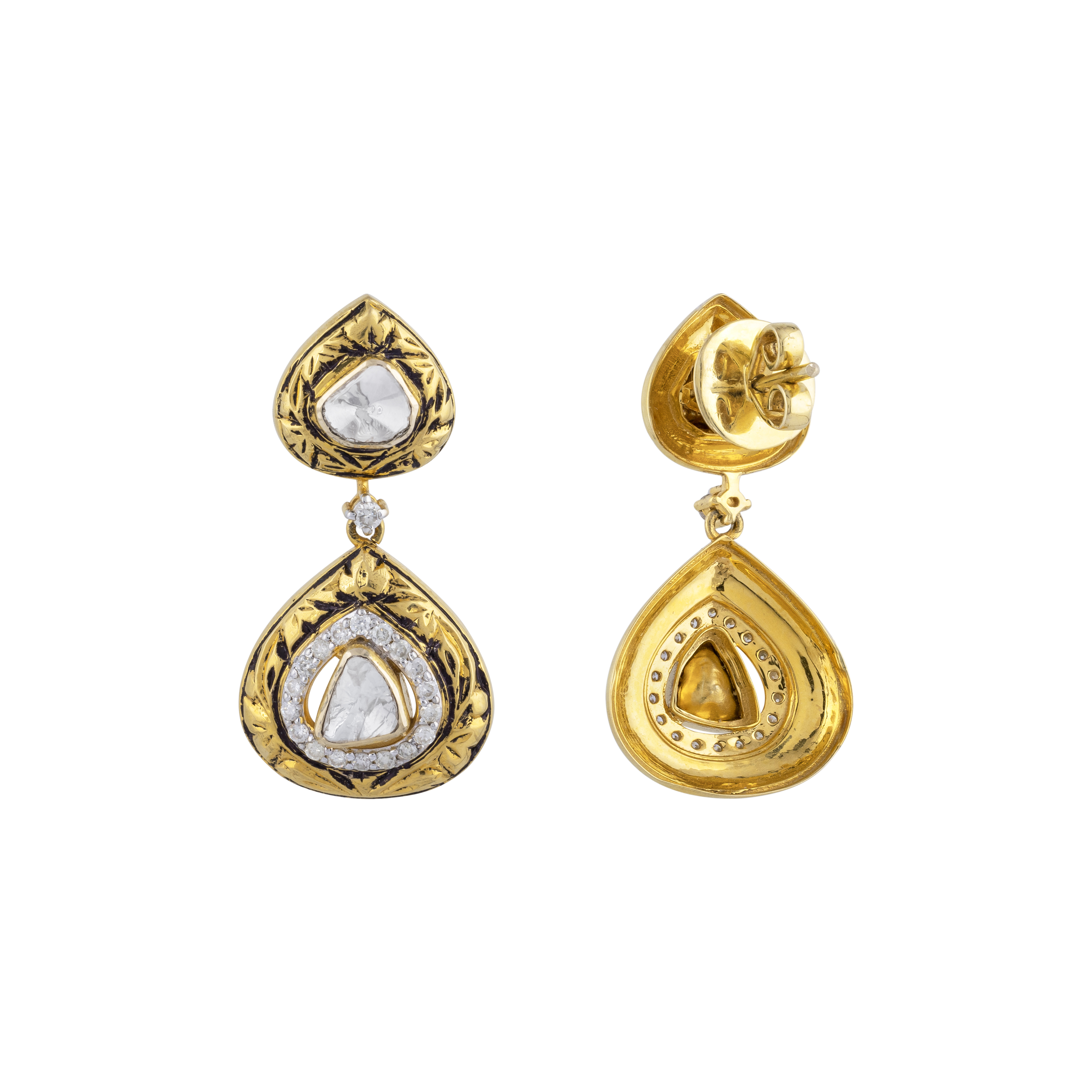 Teardrop Uncut Diamond Polki Earrings with Partash Gold Detailing