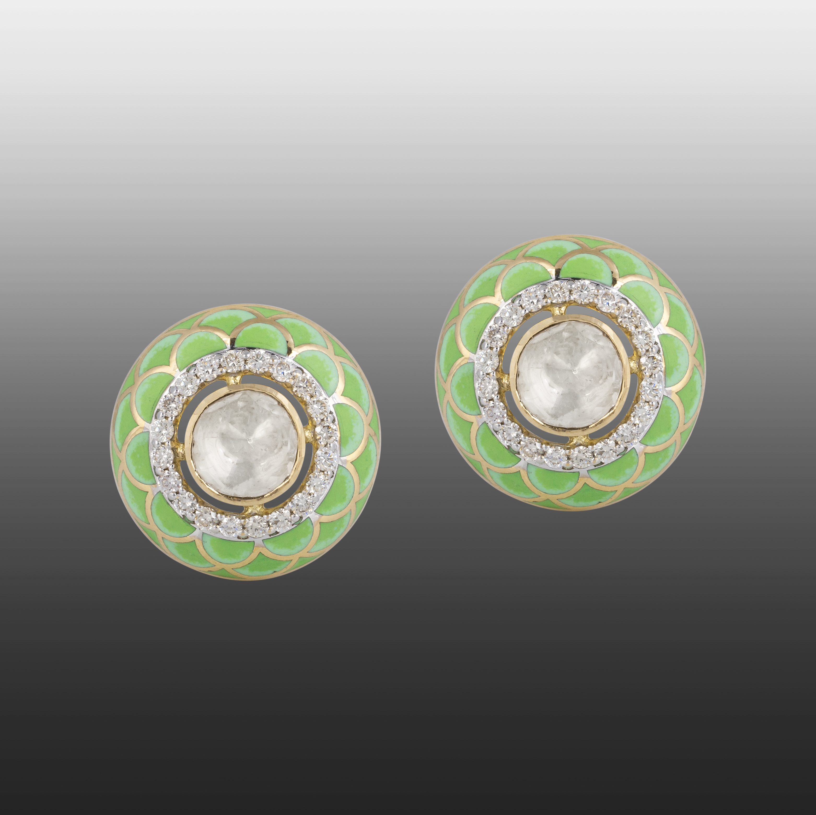 Pastel Green Enamel Stud Earrings with Polki and Diamonds