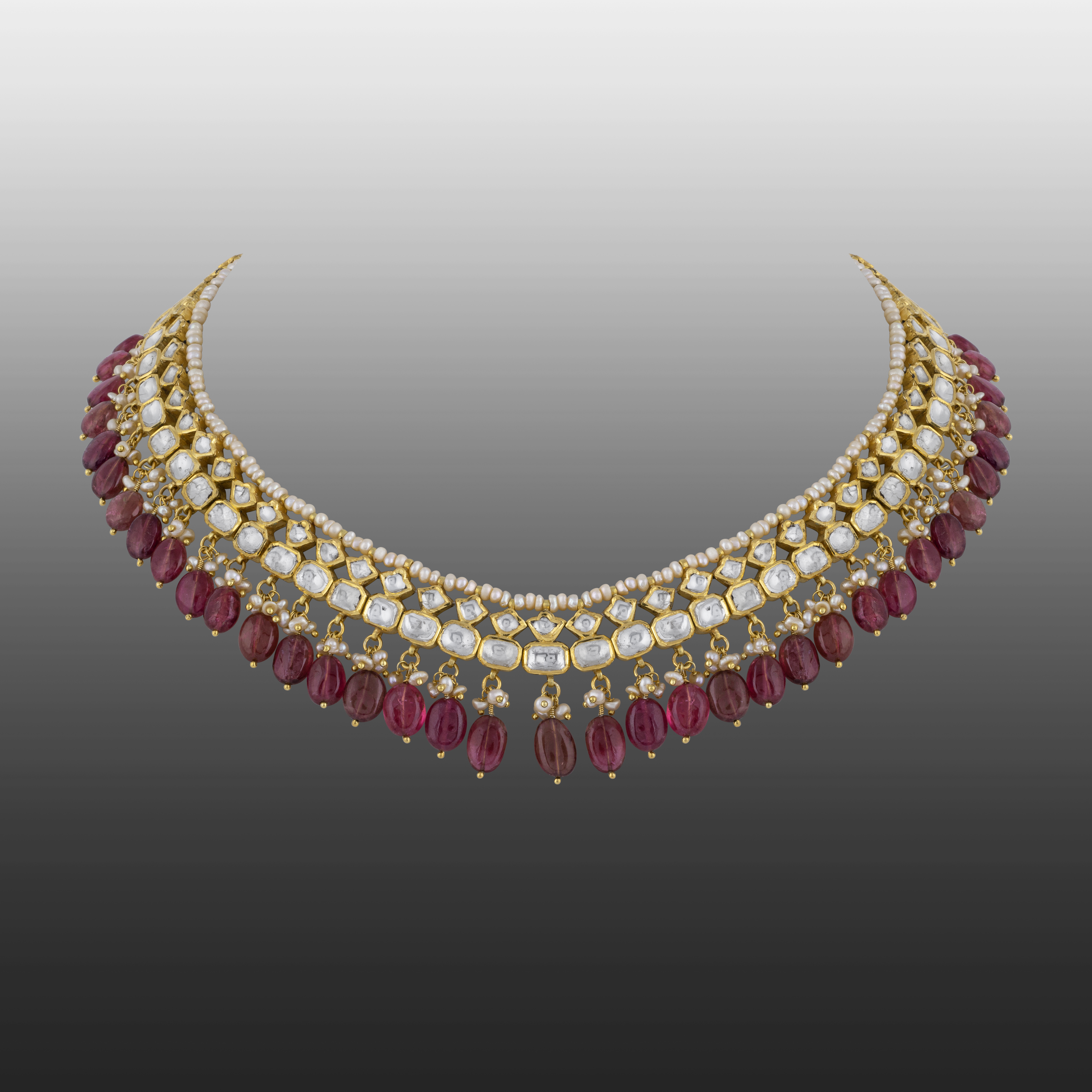 Polki Necklace with Tourmaline Drops and Pearl Beads