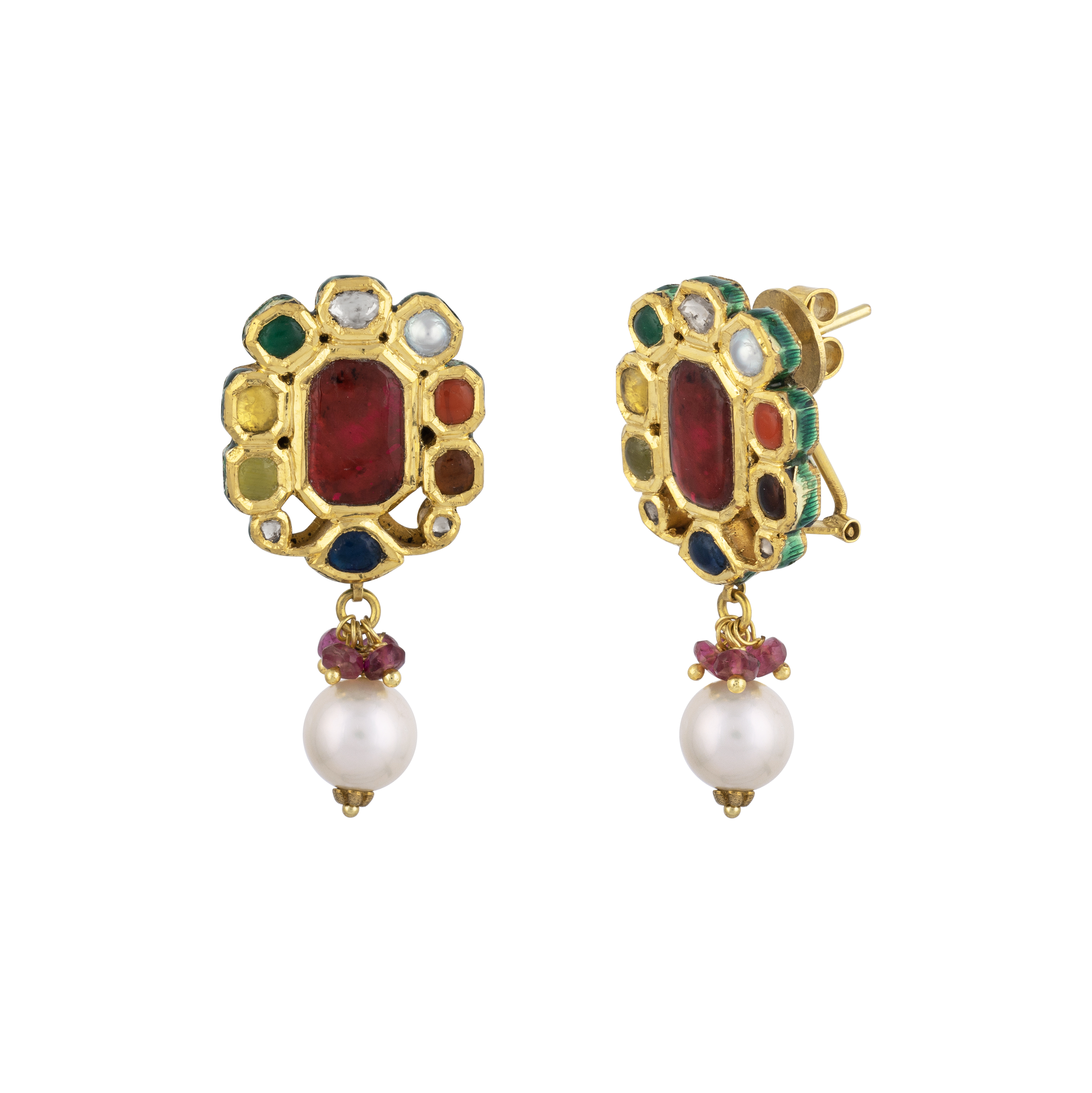 Navratna Earrings with Beads, Pearl, and Celestial Gems