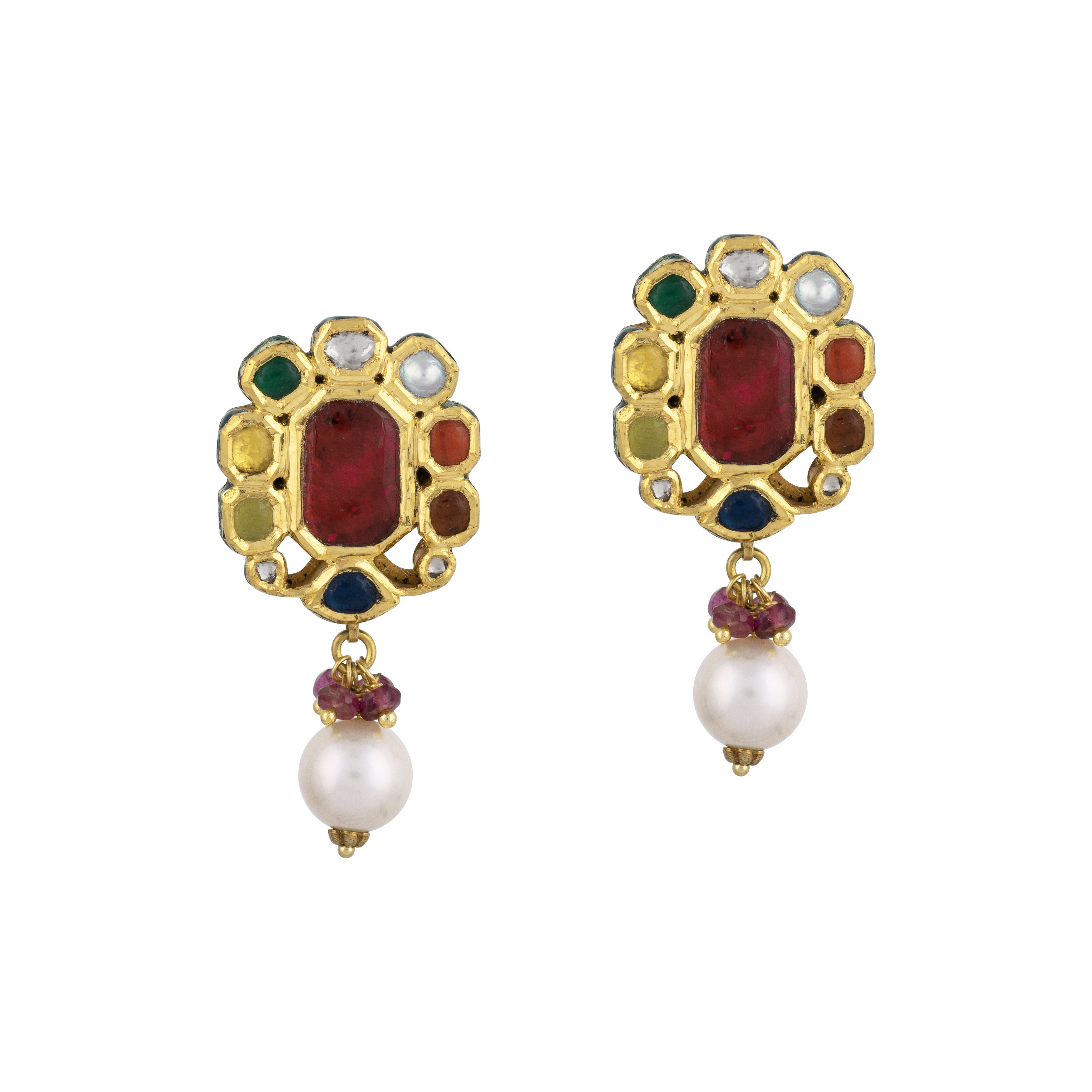 Navratna Earrings with Beads, Pearl, and Celestial Gems
