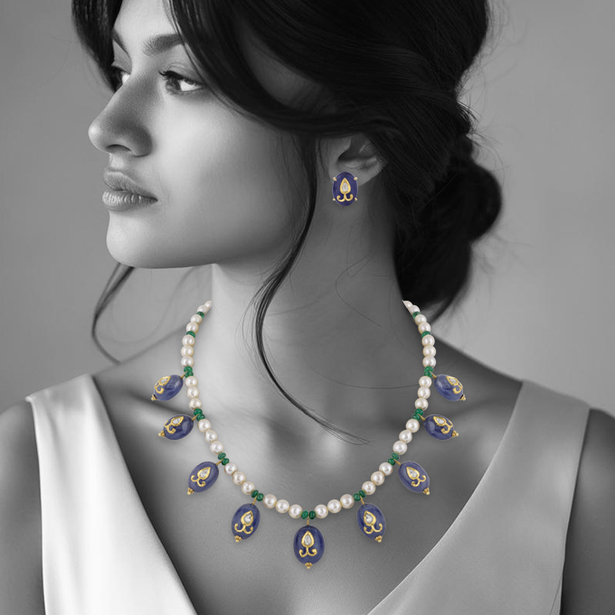 Polki Necklace Jadau Amethyst Hung on Pearl and Green Beads String