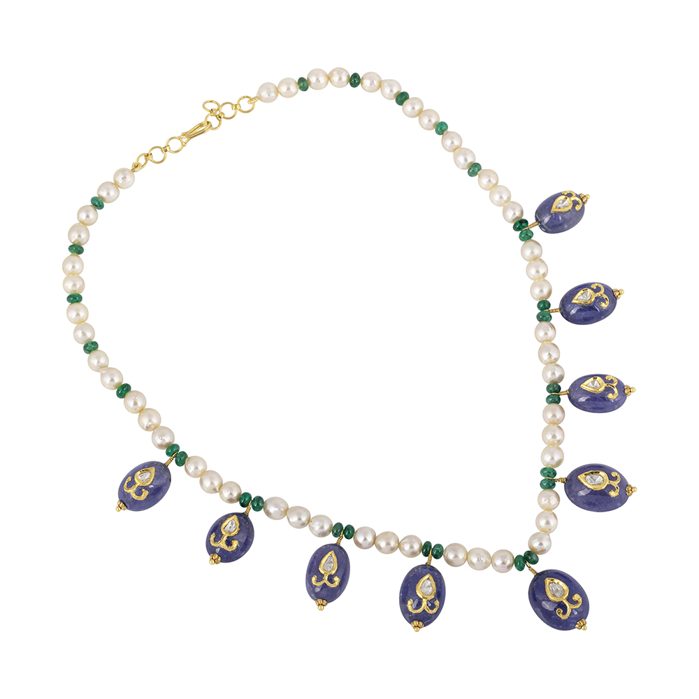Polki Necklace Jadau Amethyst Hung on Pearl and Green Beads String