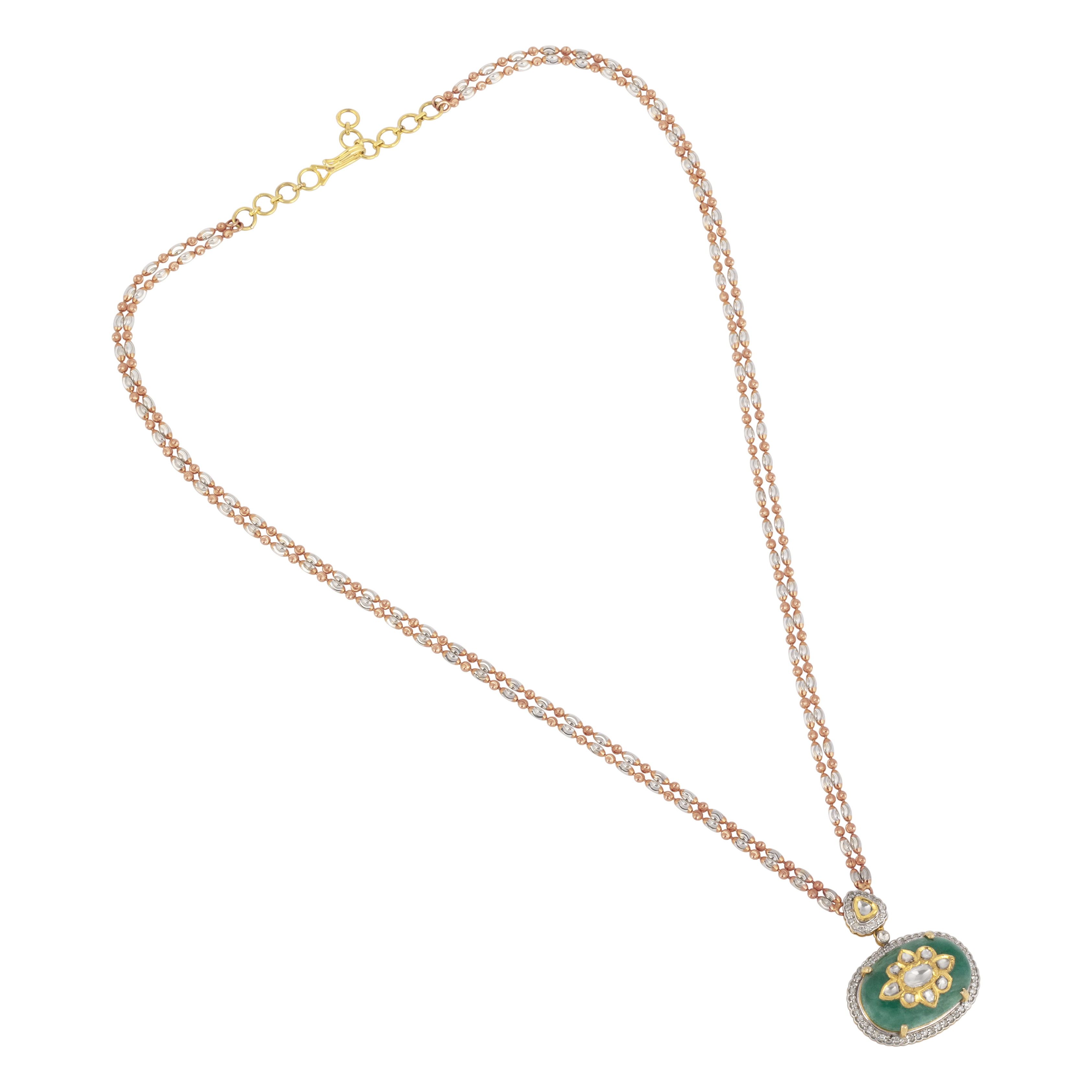 Green Stone Jadau Pendant with Diamond Halo and Fusion Chain