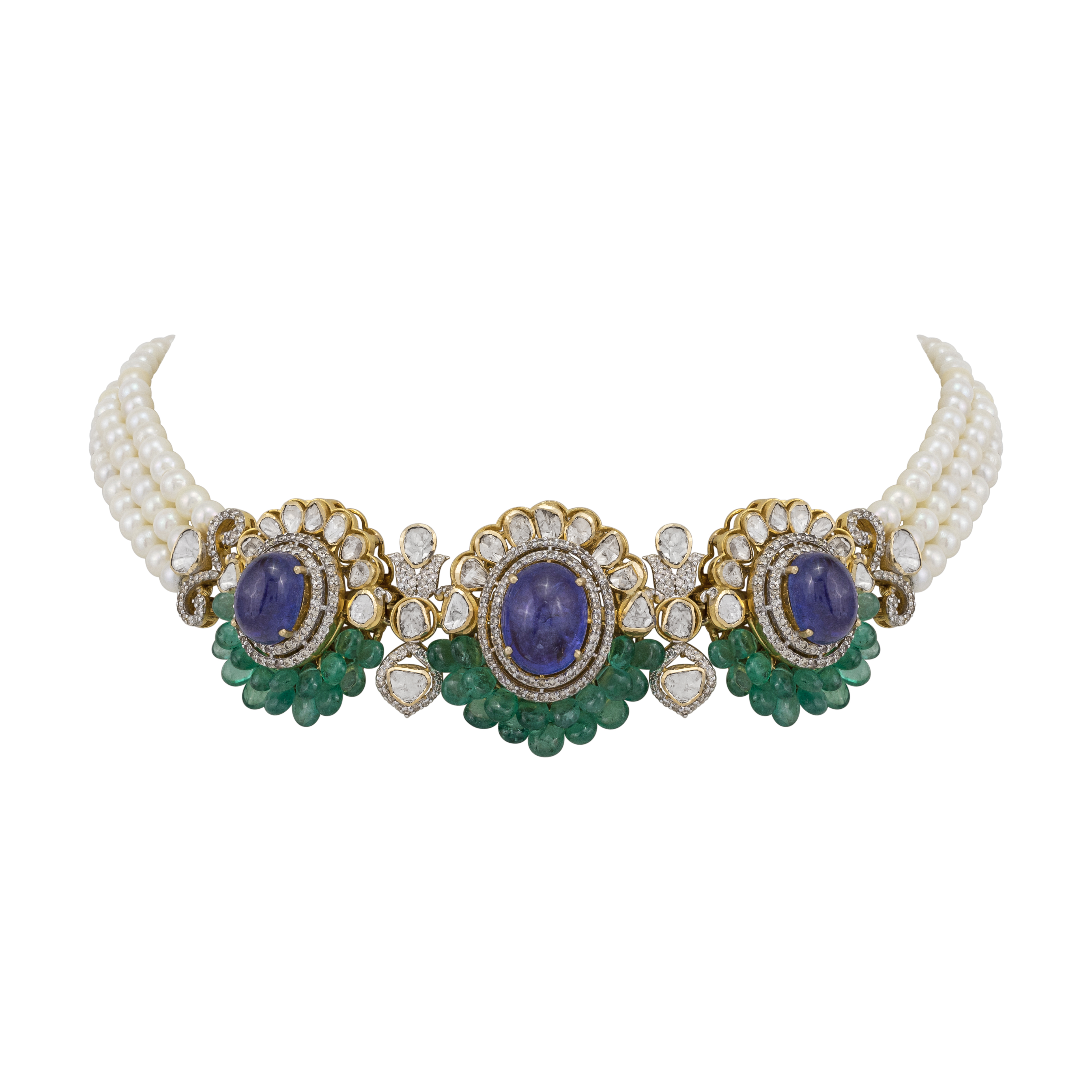 Tanzanite and Emerald Choker with Pearl Strands