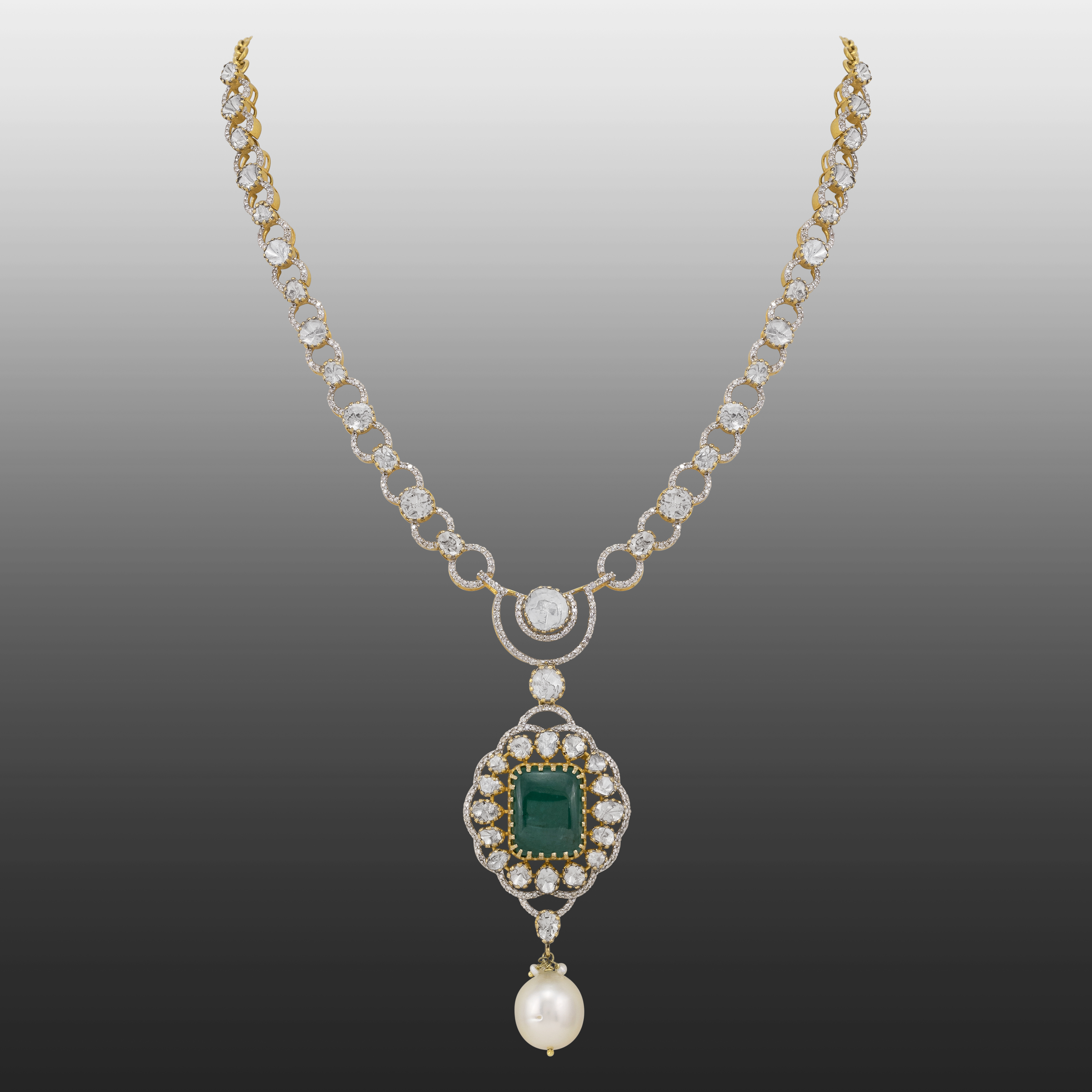Claw-Set Emerald Pendant with Polki Diamond and Pearl Drops