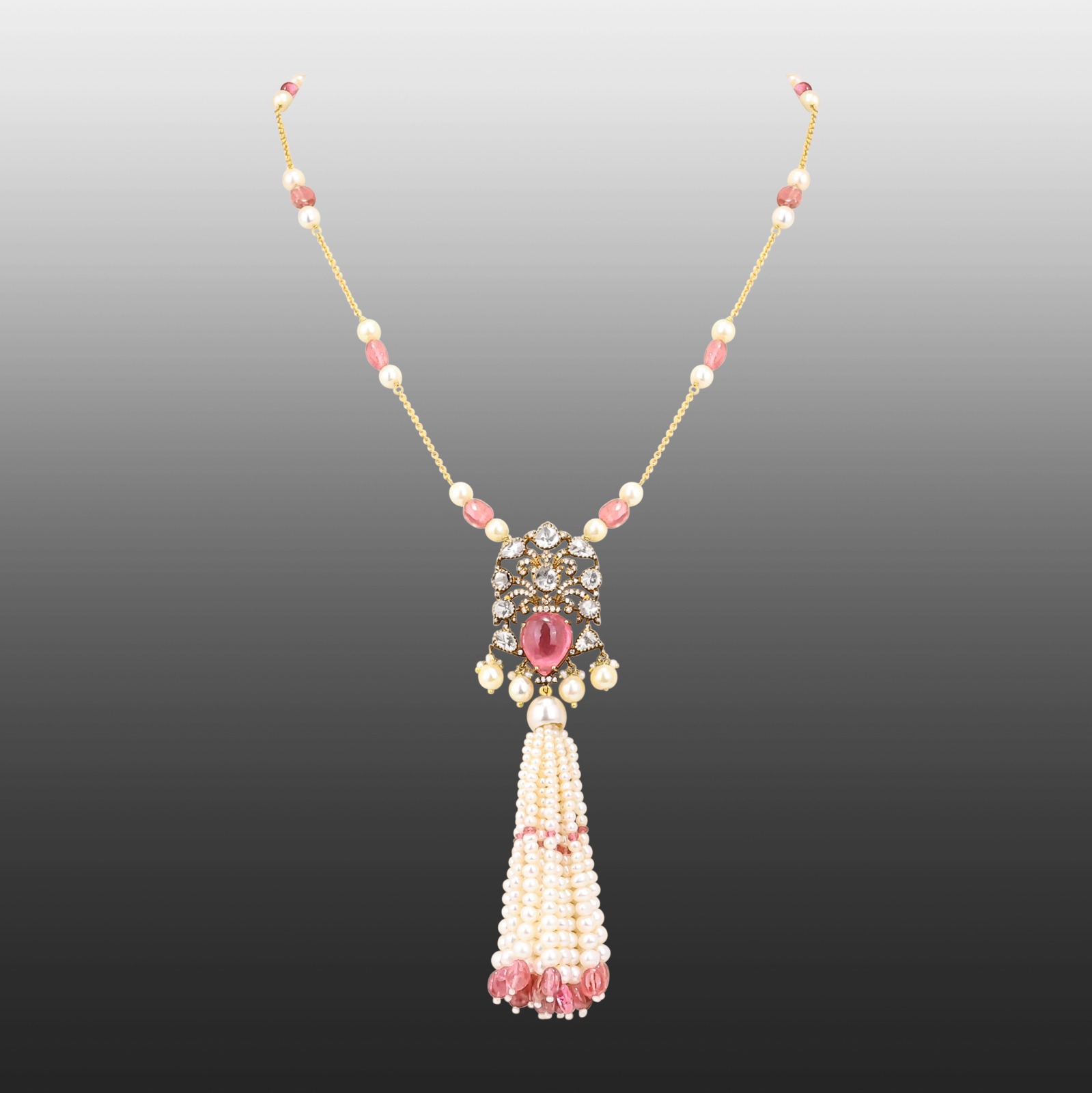 Tourmaline Pendant Necklace with Pearl Tassel and Polkis