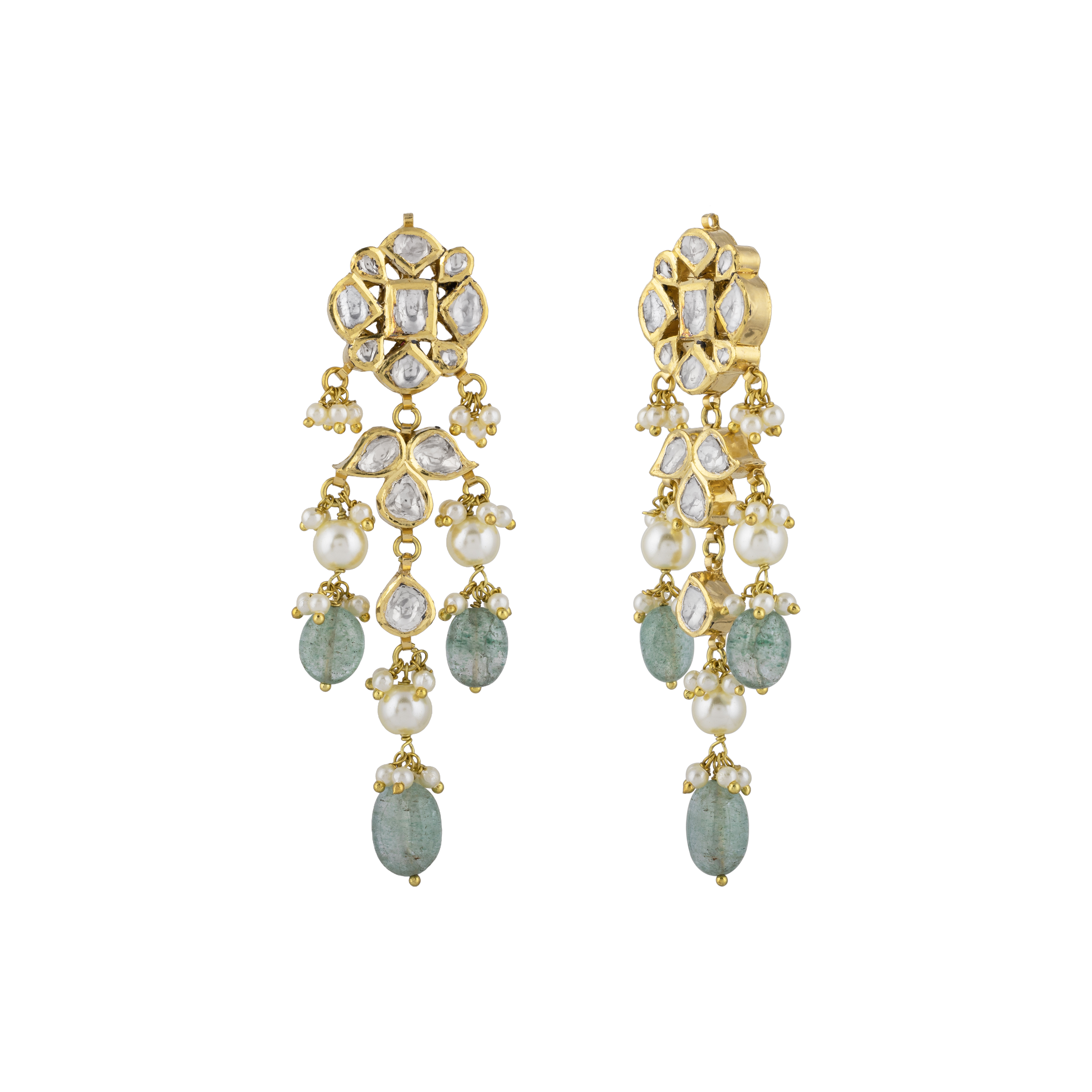 Floral Polki Earrings with Emerald & Pearls