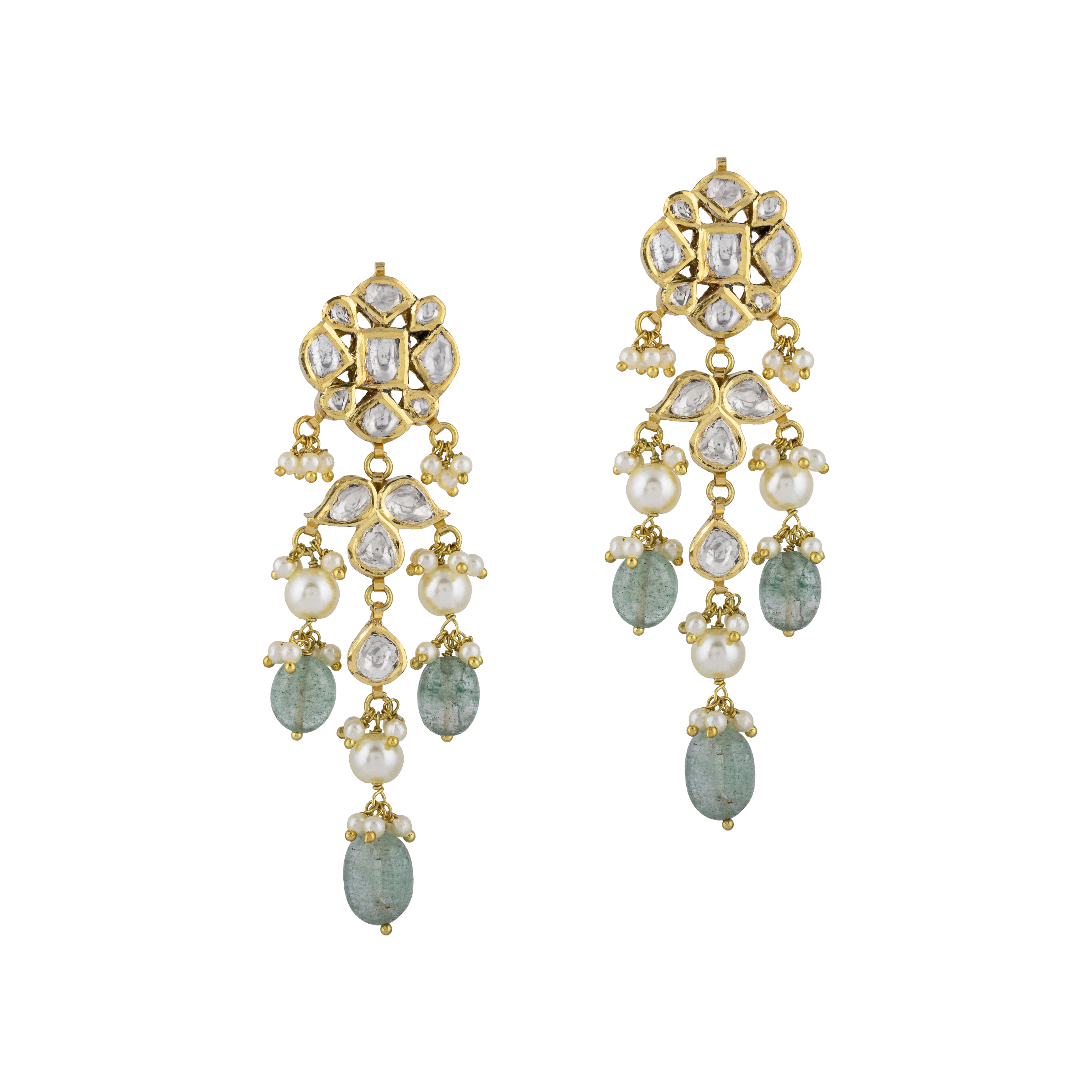 Floral Polki Earrings with Emerald & Pearls