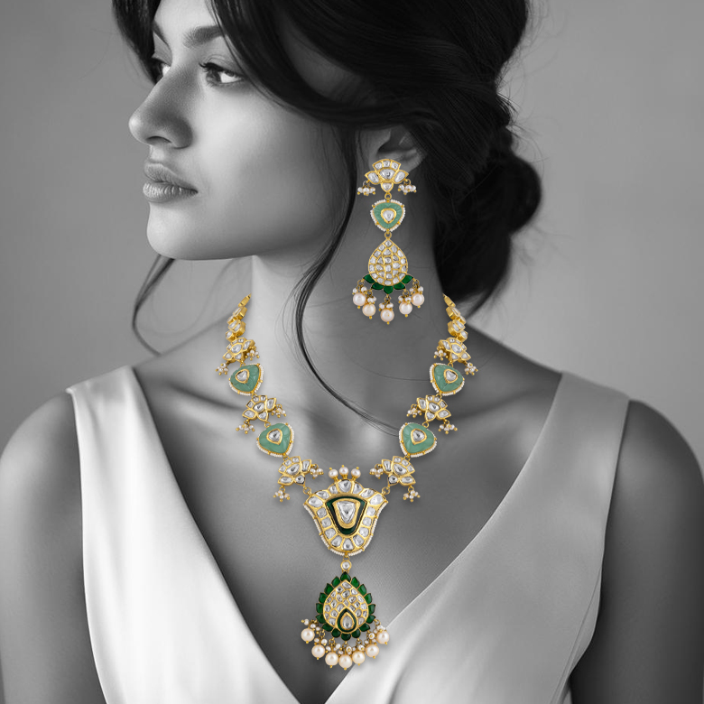Teardrop Polki Necklace with Green Talaf Stones, Carved Emerald and Pearls