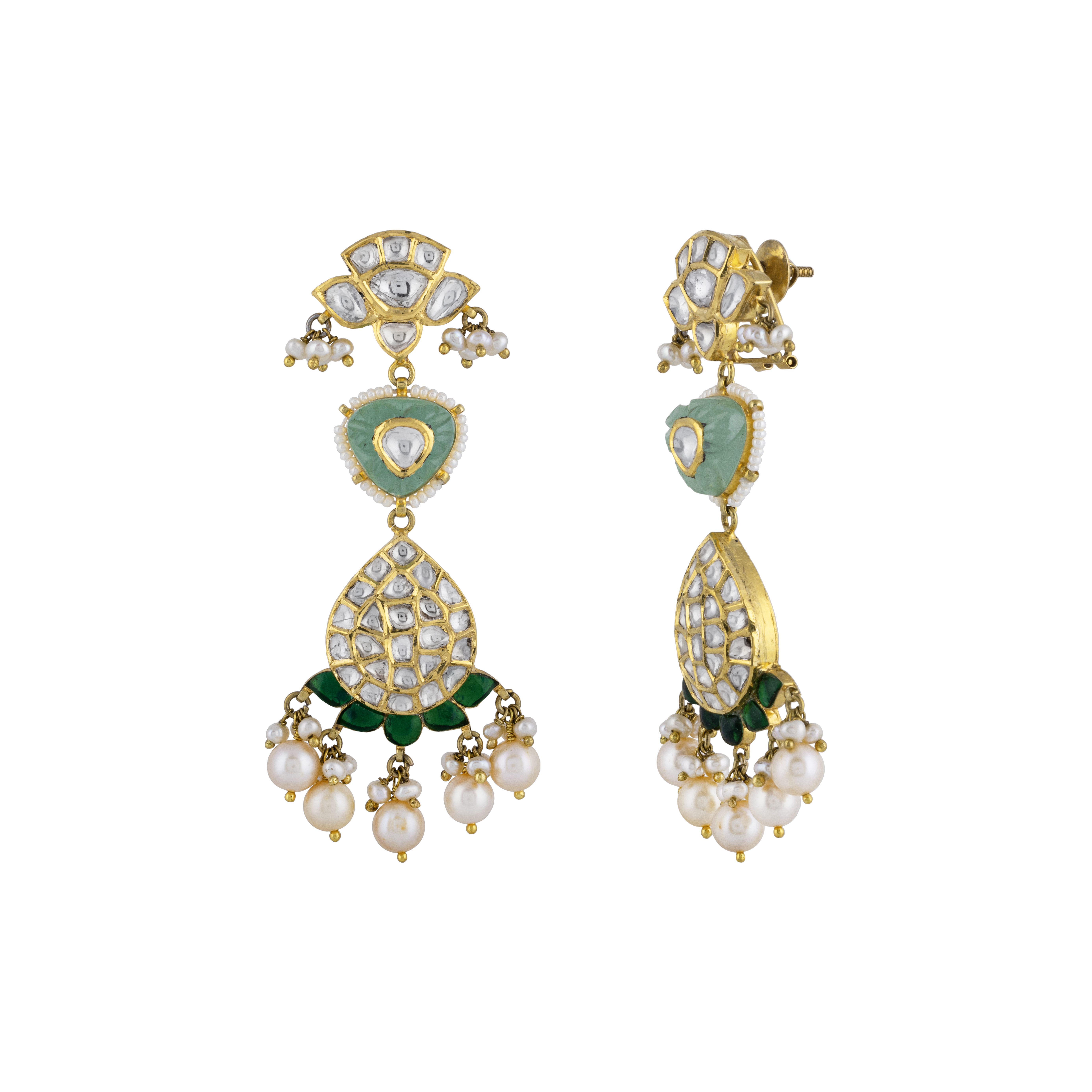 Uncut Diamond Polki Earrings with Carved Emerald & Pearls