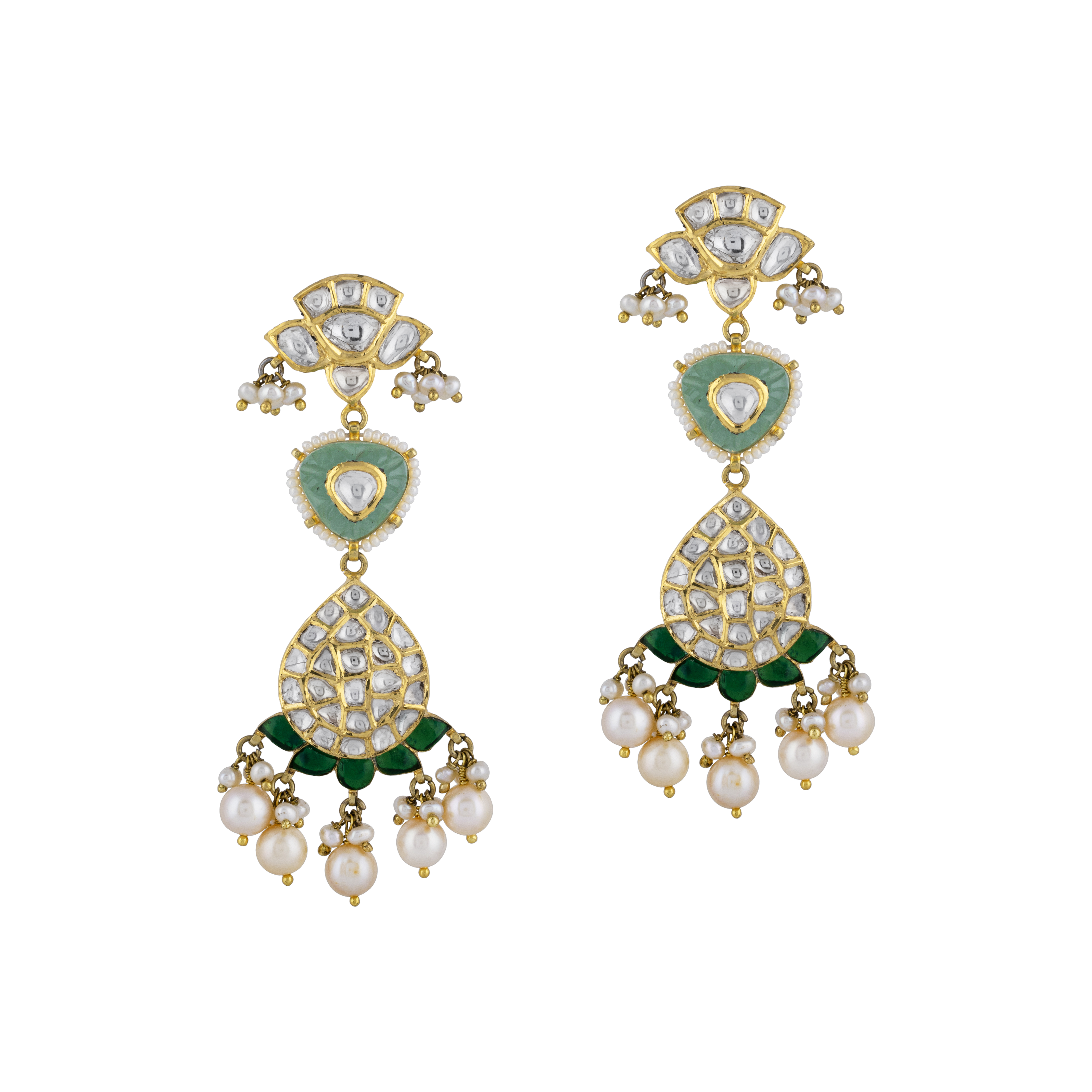 Uncut Diamond Polki Earrings with Carved Emerald & Pearls