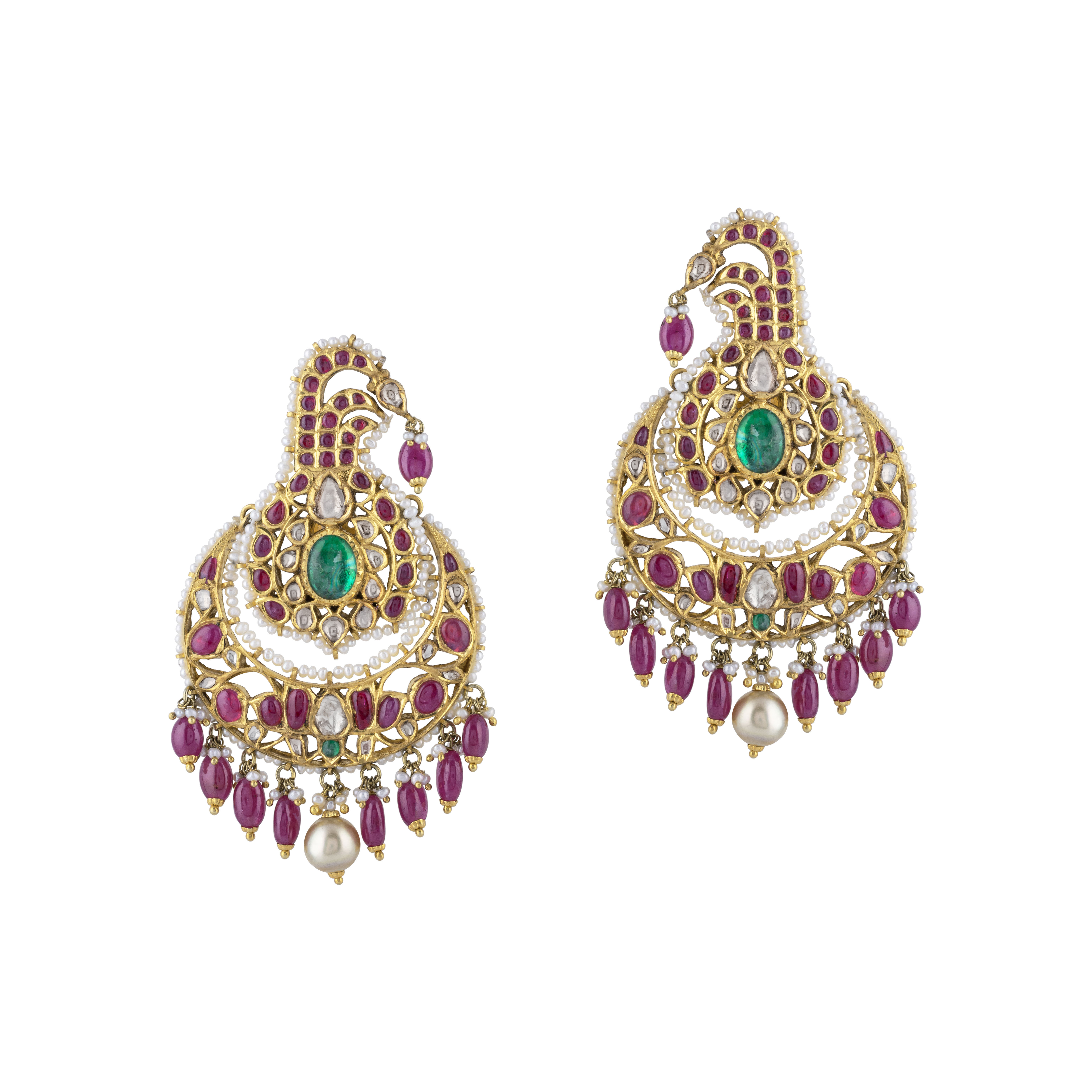 Uncut Diamond Polki Cuff Earring with Pink Talaf , Emerald & Pearls
