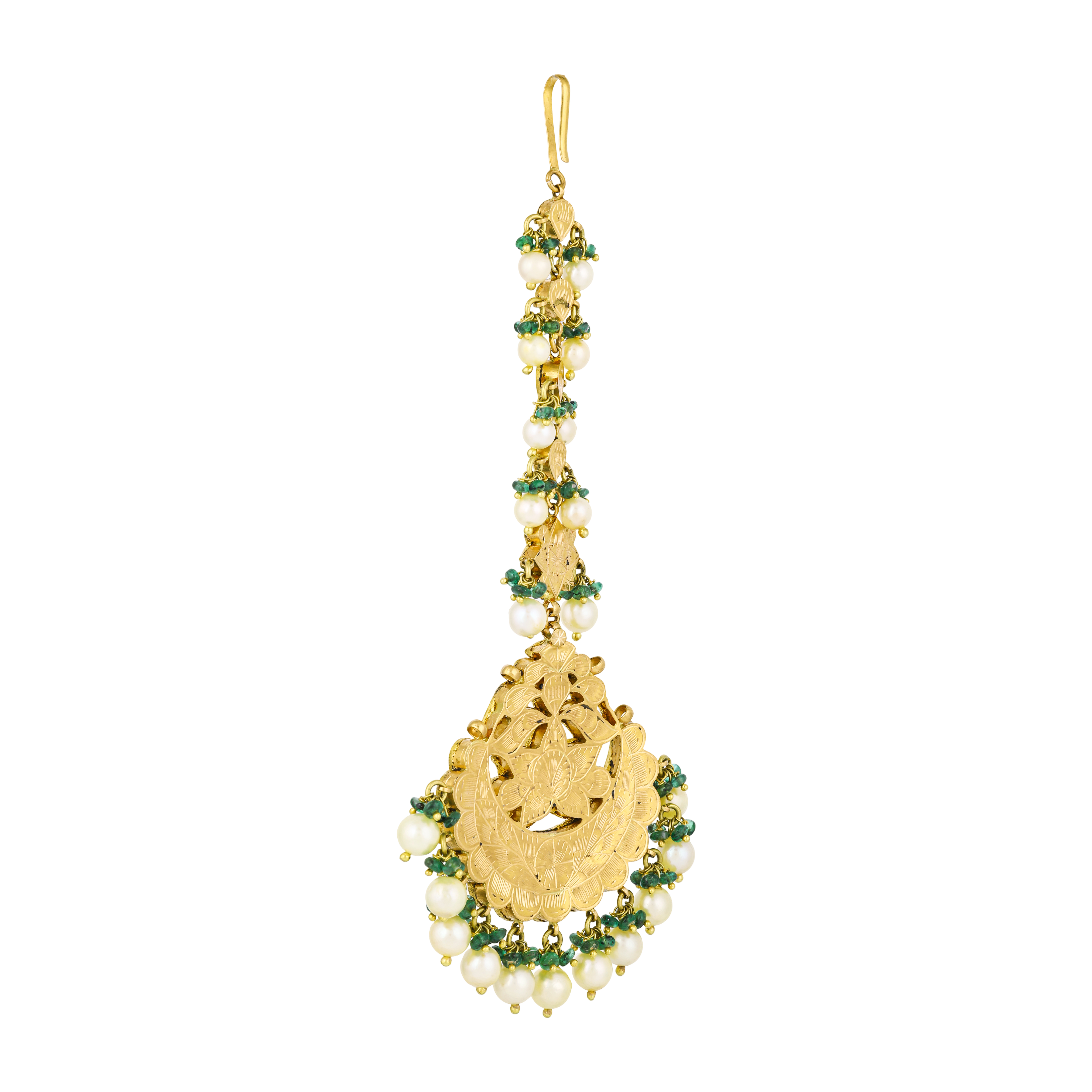 Polki Maangtikka with Green Enamel, Emeralds & Pearls