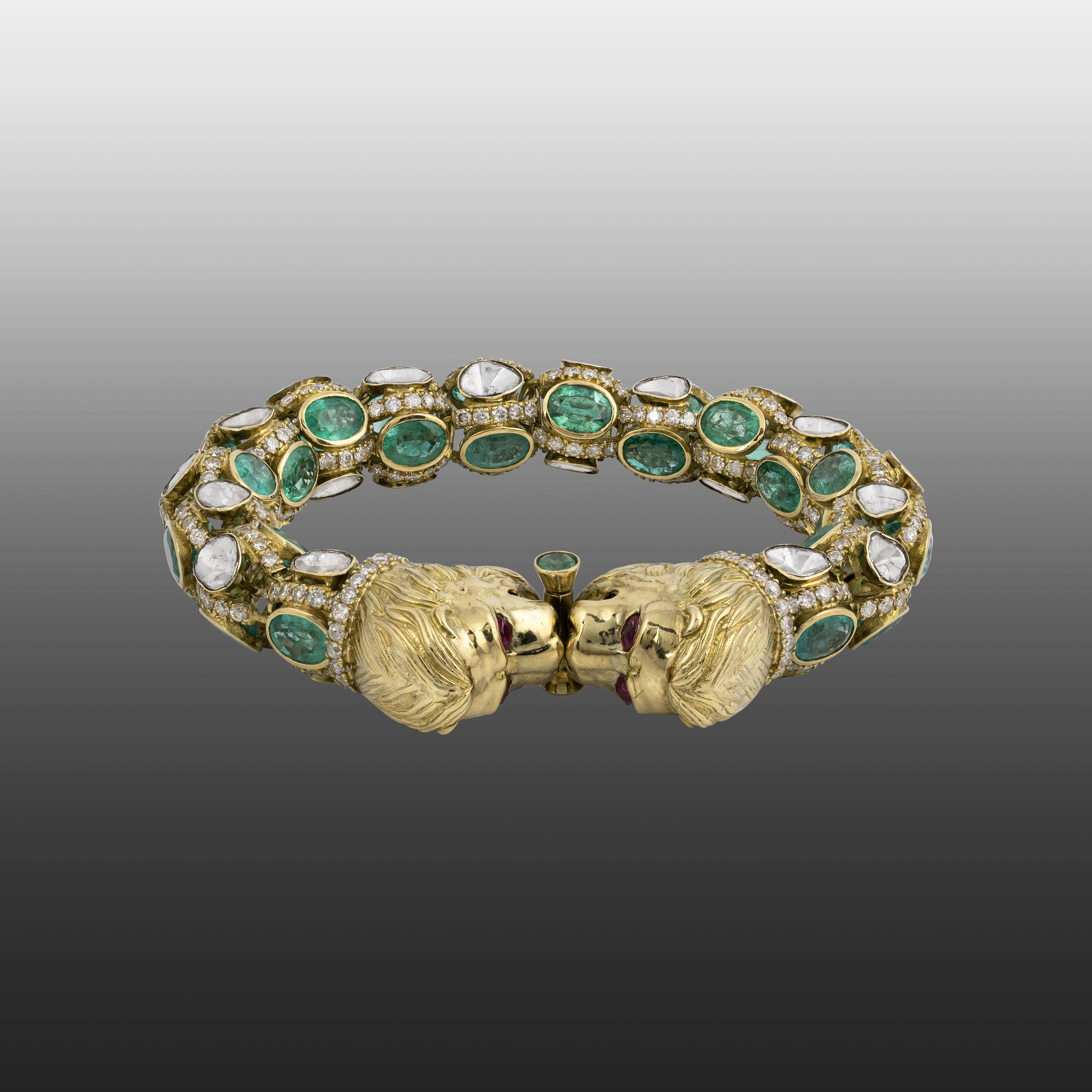 Antique Regal Sutarla Bracelet with Cut Emerald, Polki & Lion Heads