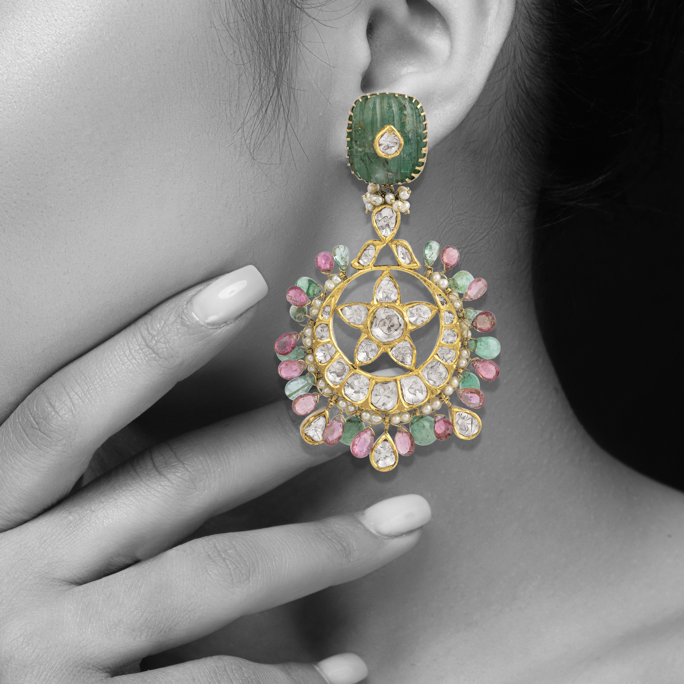 Polki Star Earrings with Multicoloured Gemstones & Jadau Green Stone