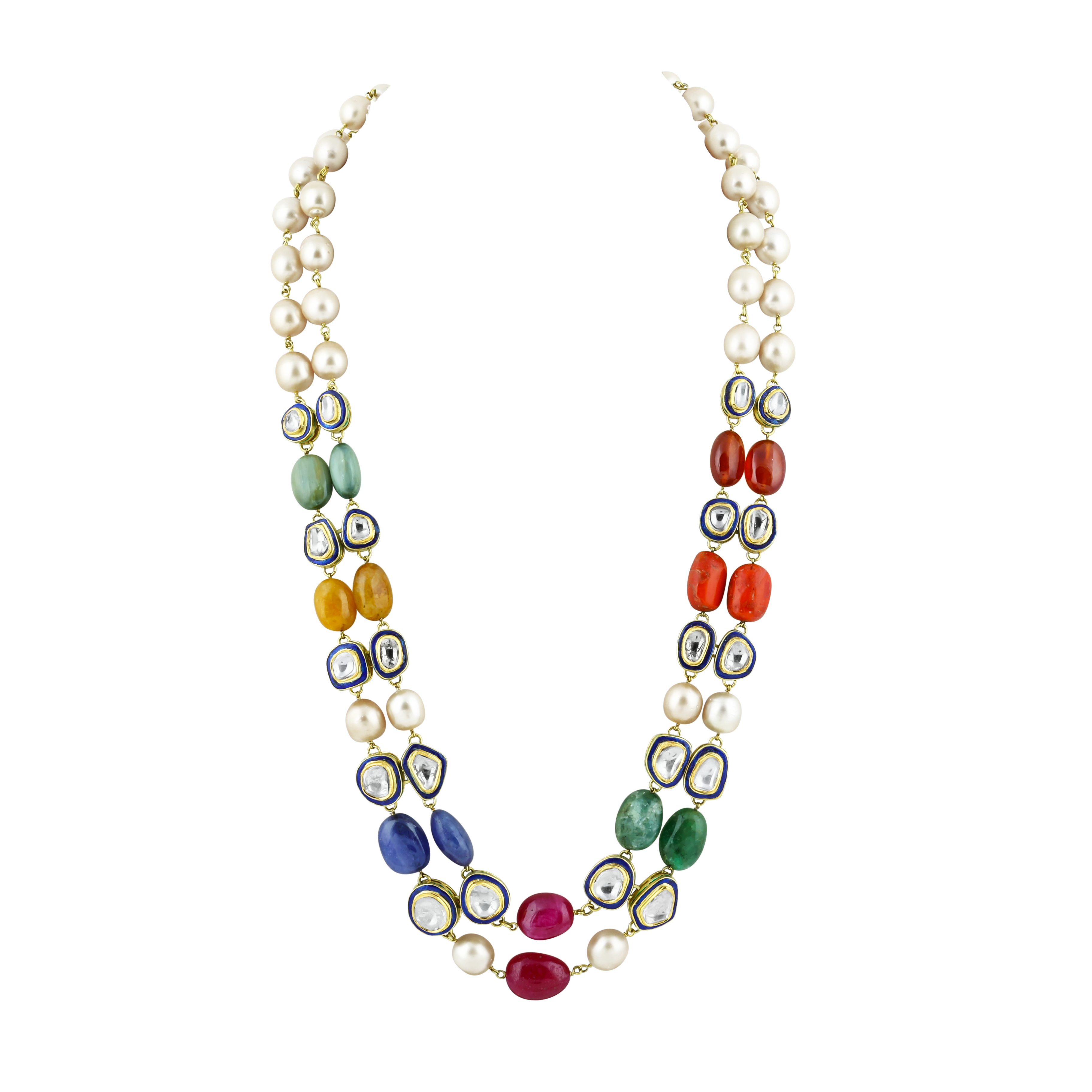 Navratan Necklace Set with Double Layers of Pearls and Gemstones